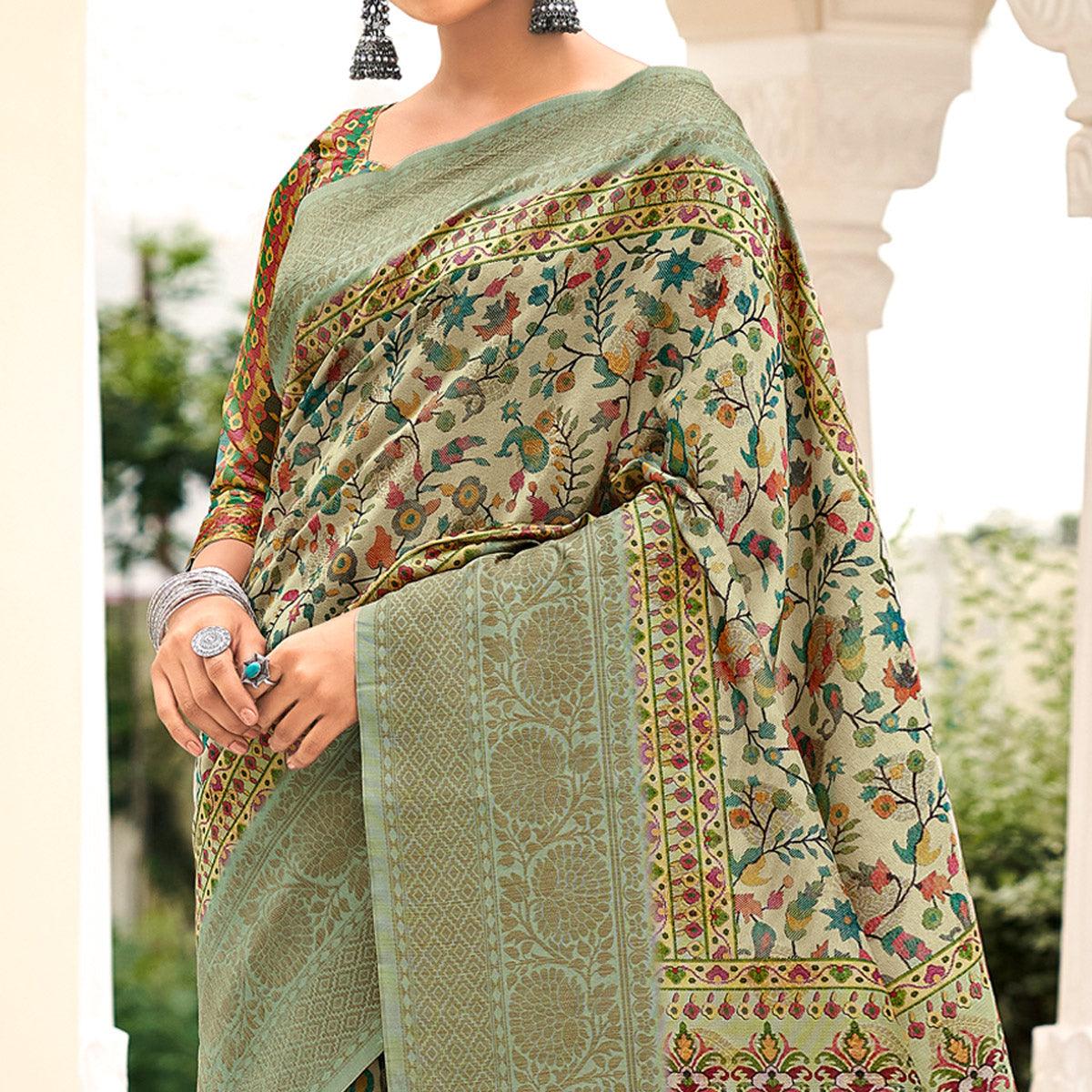 Green Partywear Digital Printed Silk Saree - Peachmode