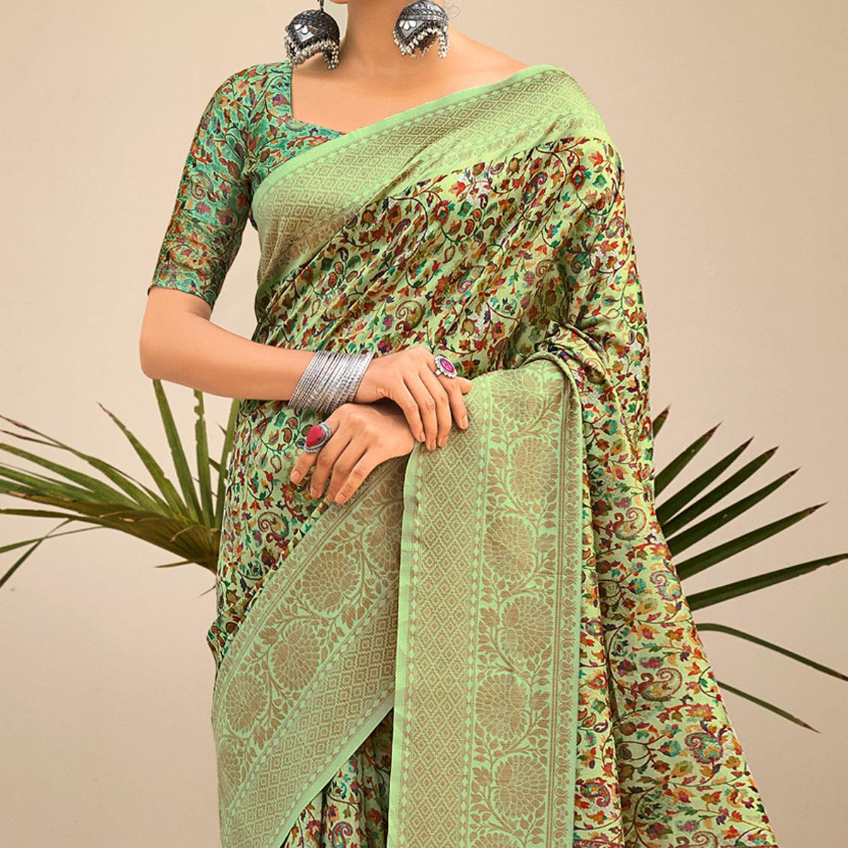 Green Partywear Digital Printed Silk Saree - Peachmode