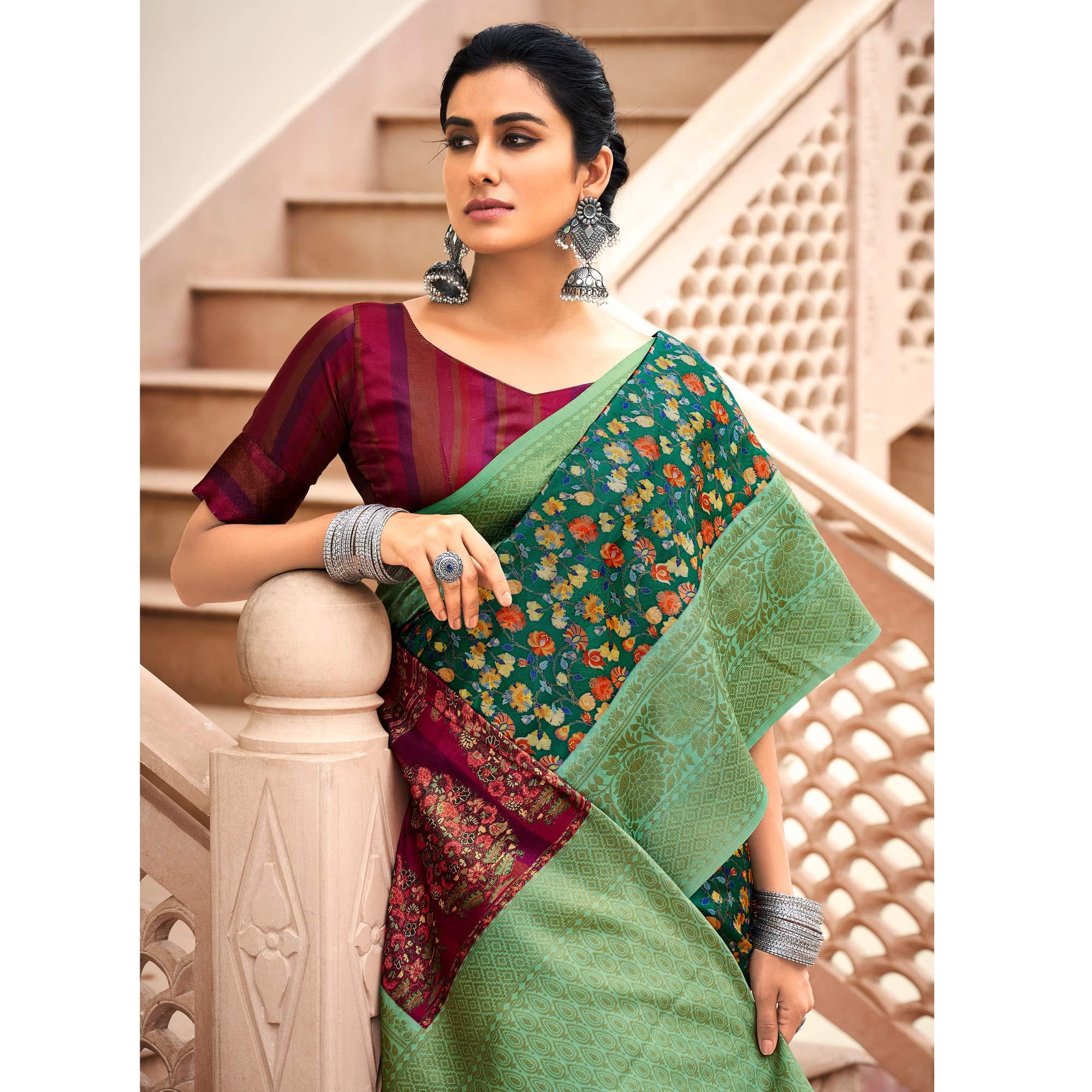 Green Partywear Digital Printed Silk Saree - Peachmode
