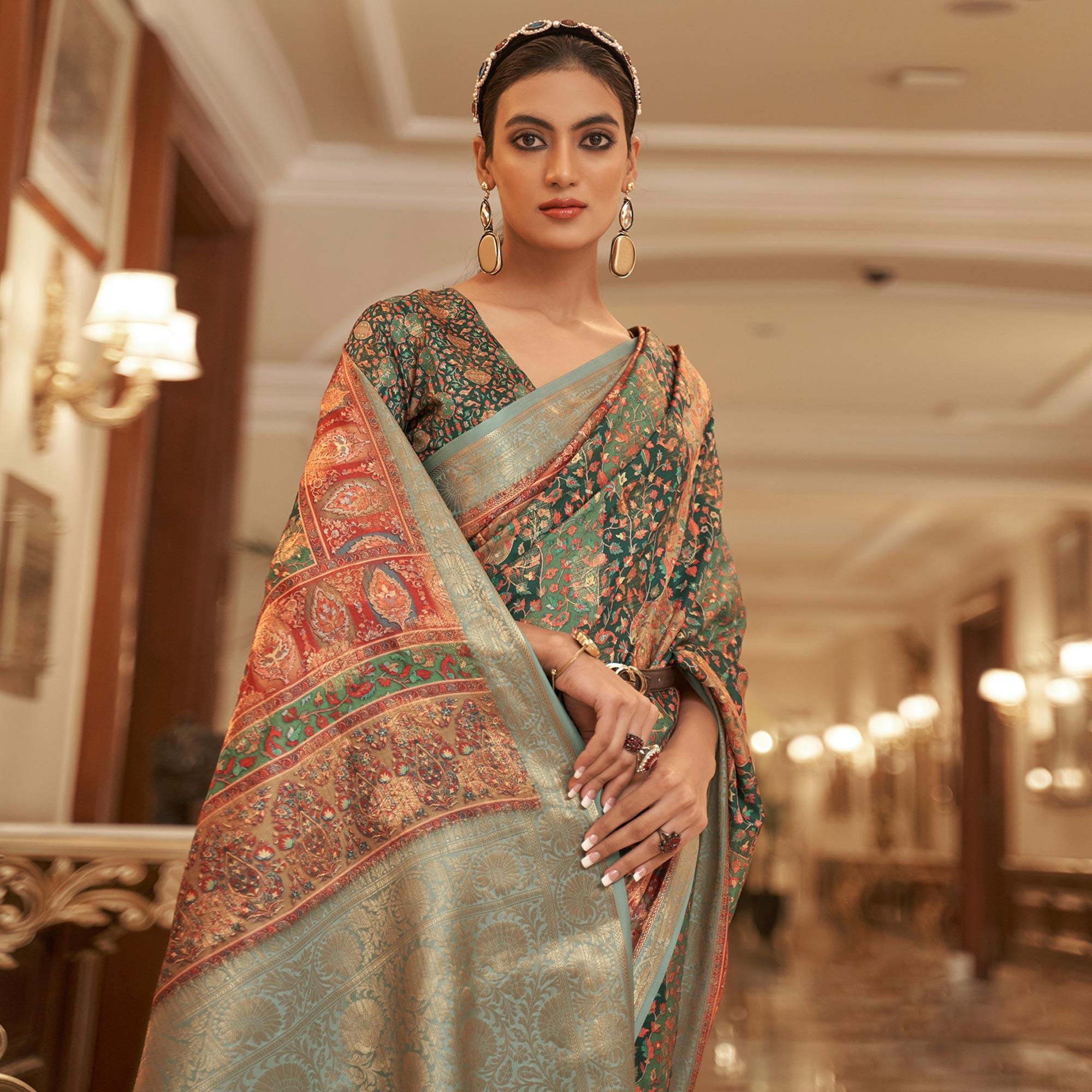 Green Partywear Digital Printed Silk Saree - Peachmode