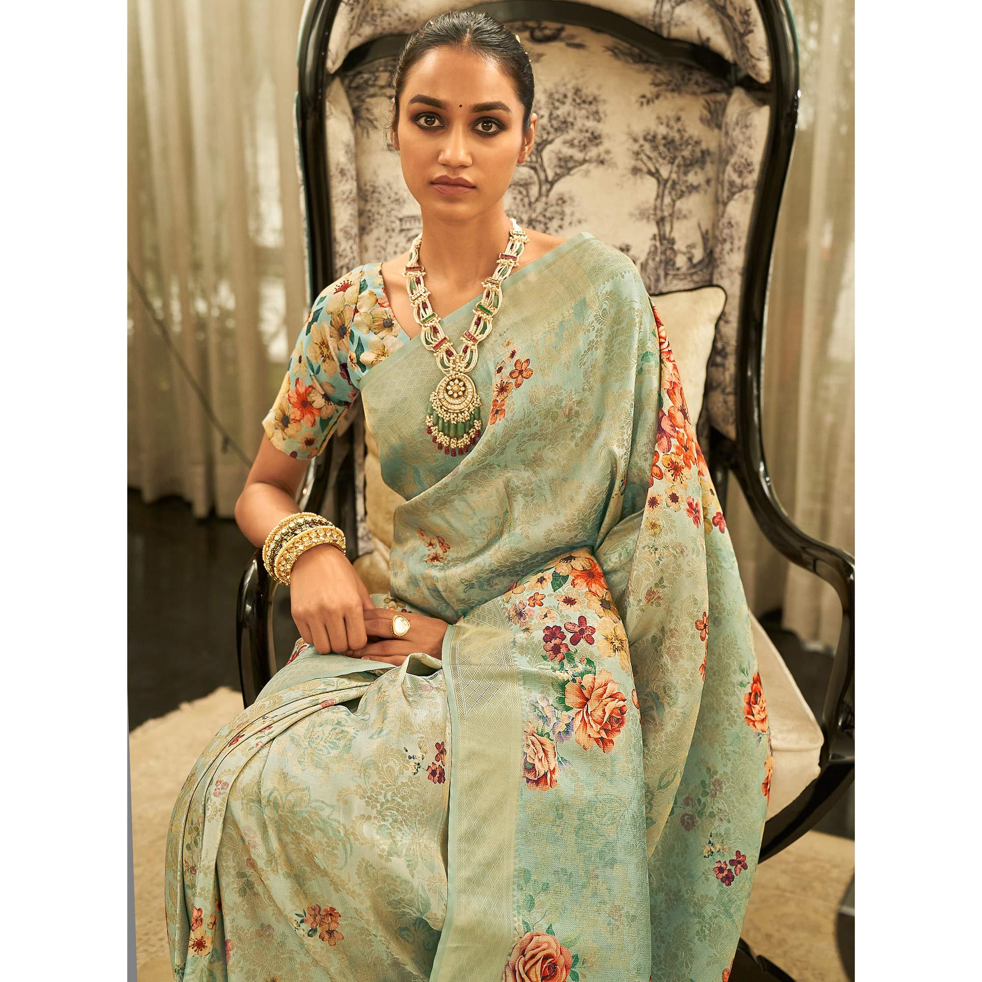 Green Partywear Digital Printed Silk Saree - Peachmode