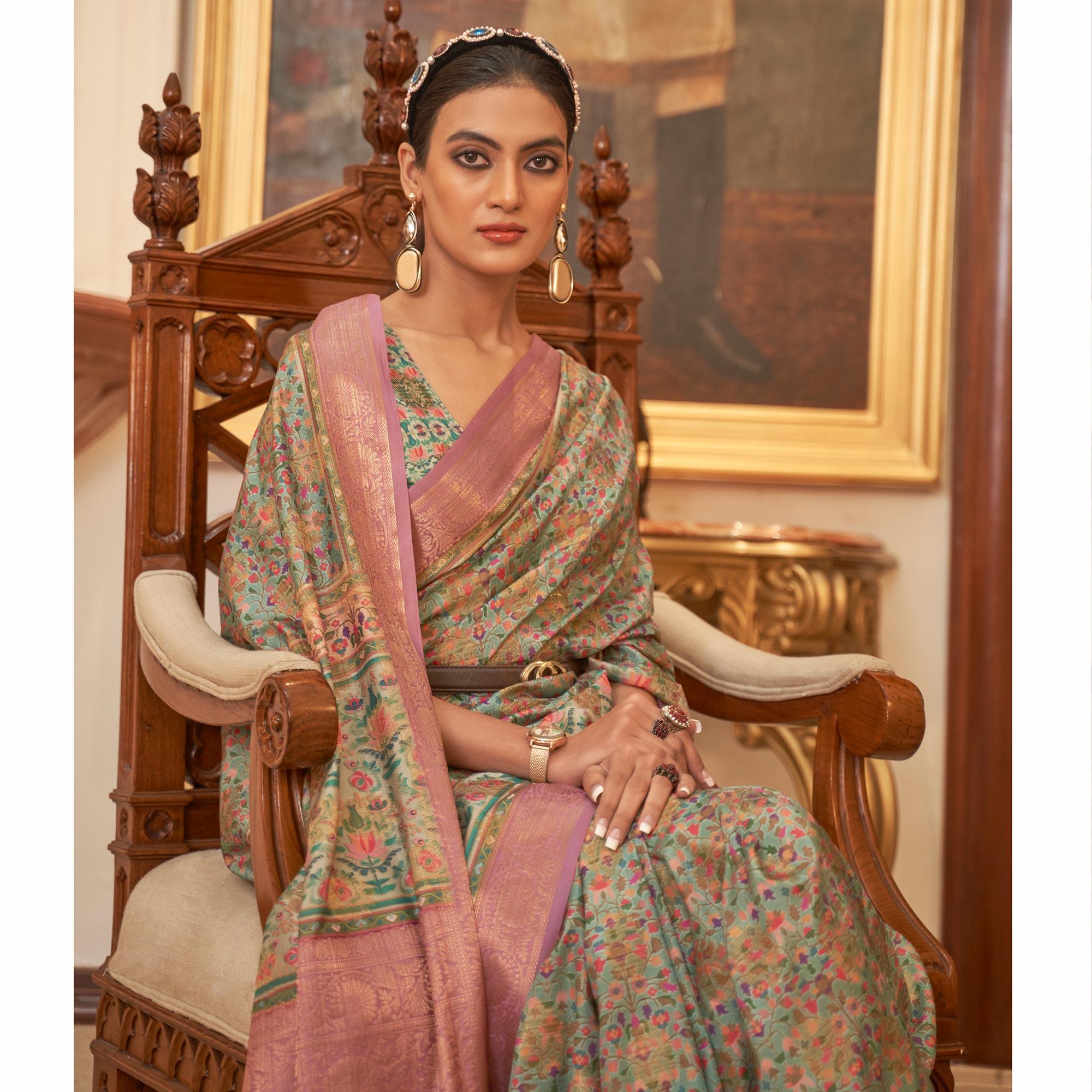 Green Partywear Digital Printed Silk Saree - Peachmode