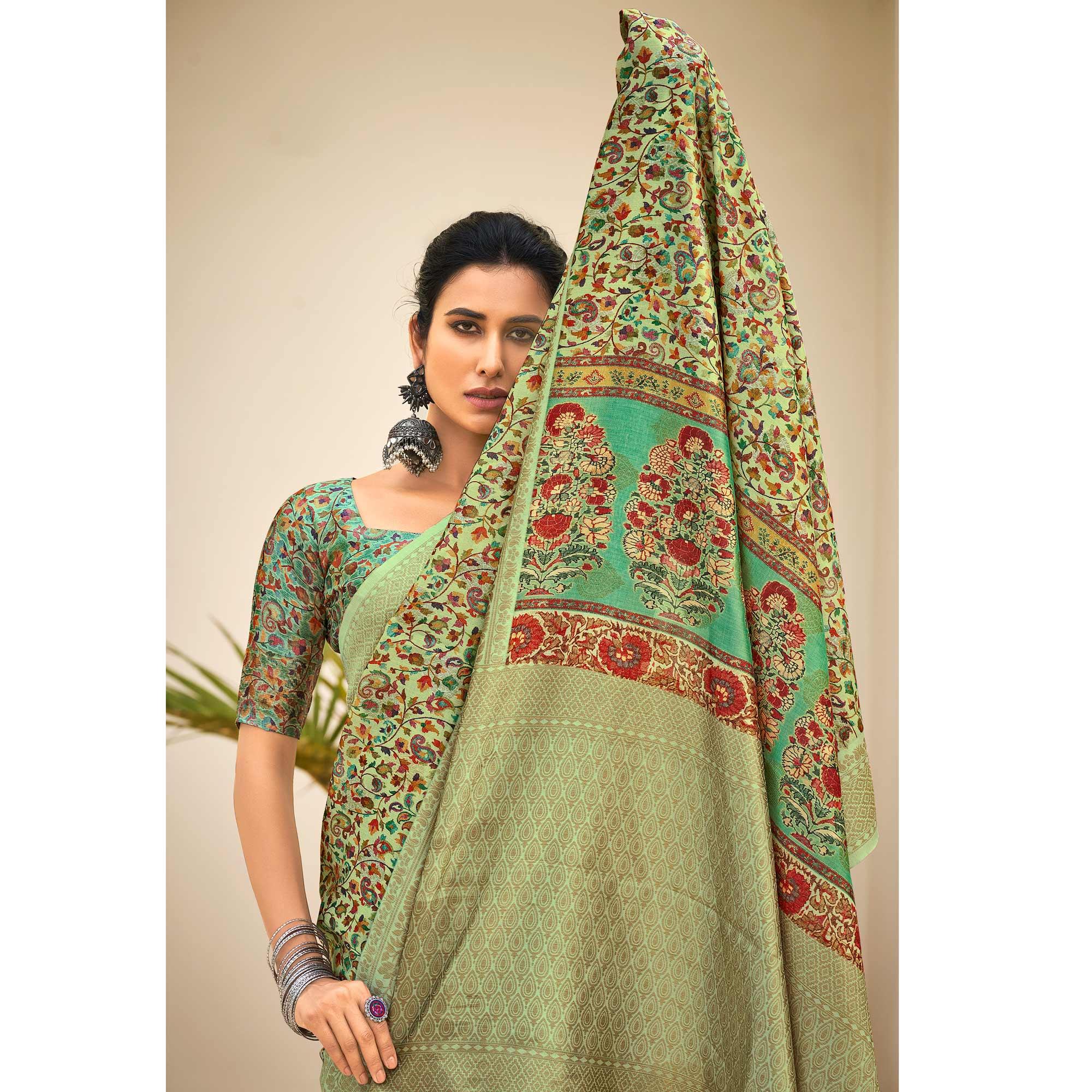 Green Partywear Digital Printed Silk Saree - Peachmode