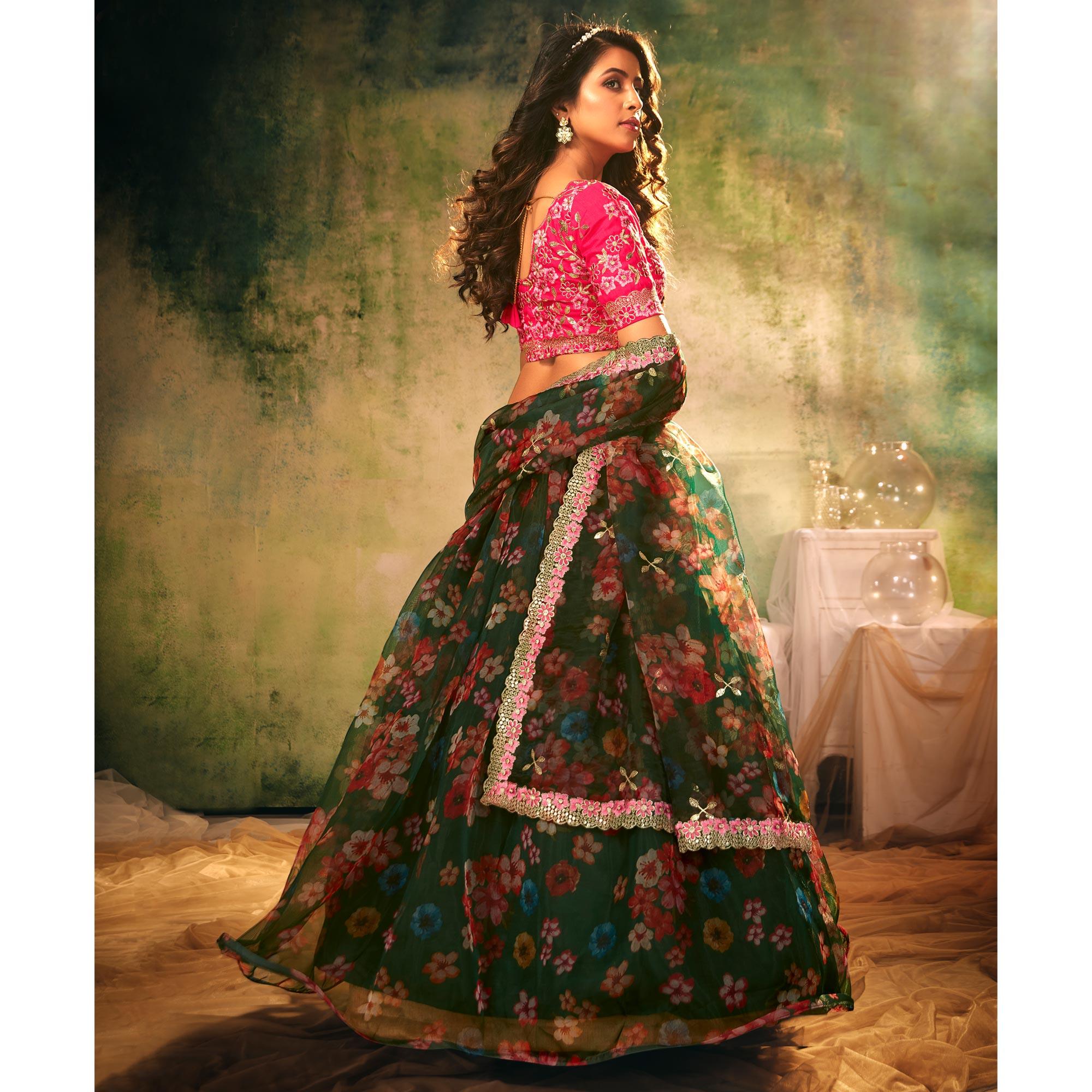 Green Partywear Digital Printed with Crushed Plated Pattern Organza Lehenga Choli - Peachmode