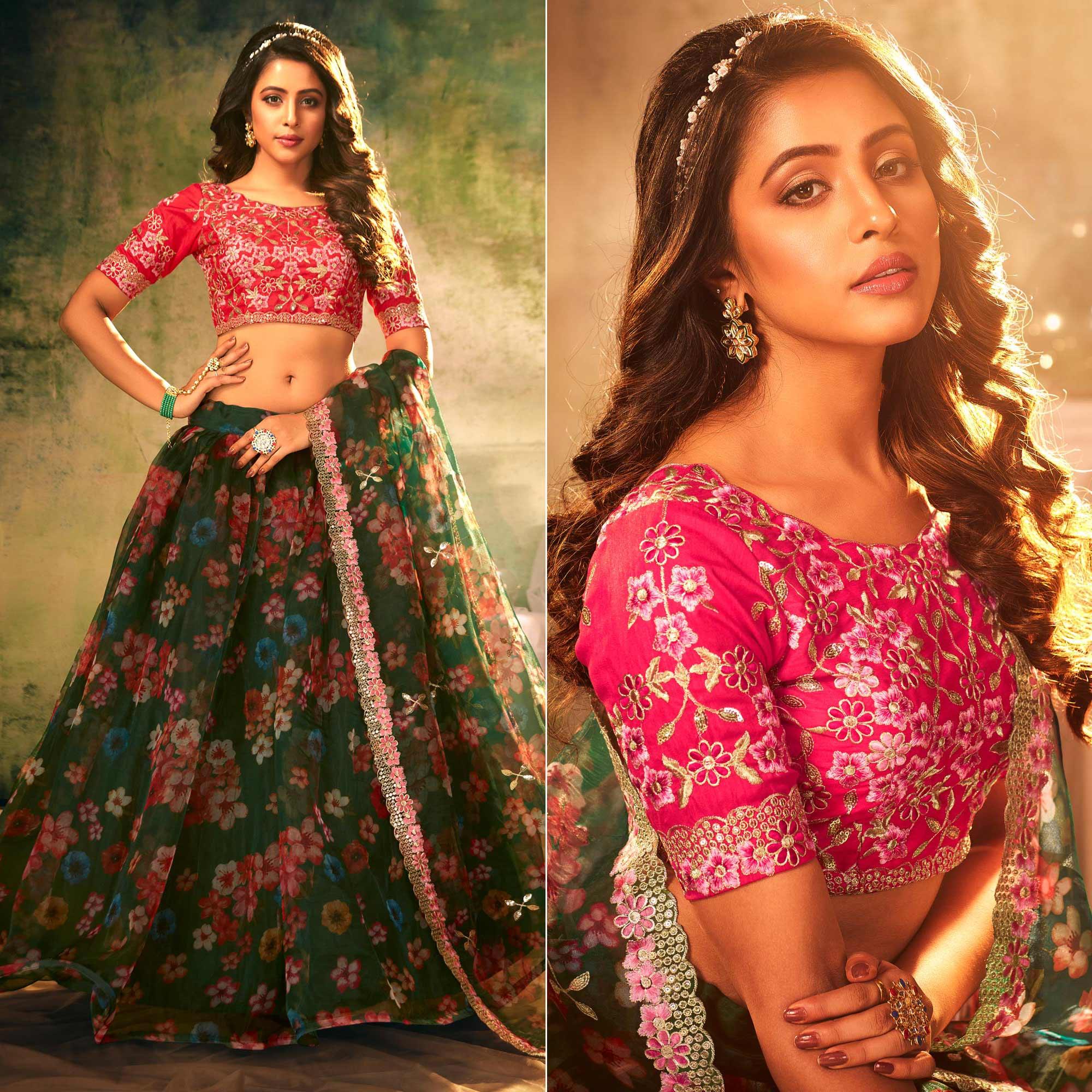 Green Partywear Digital Printed with Crushed Plated Pattern Organza Lehenga Choli - Peachmode