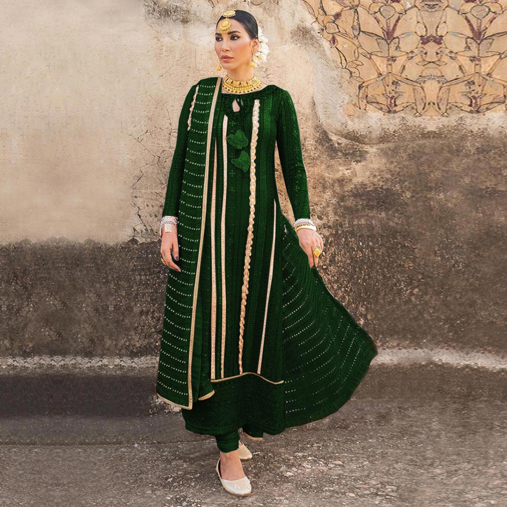 Green Partywear Embellished & Embroidered Georgette Anarkali Suit - Peachmode