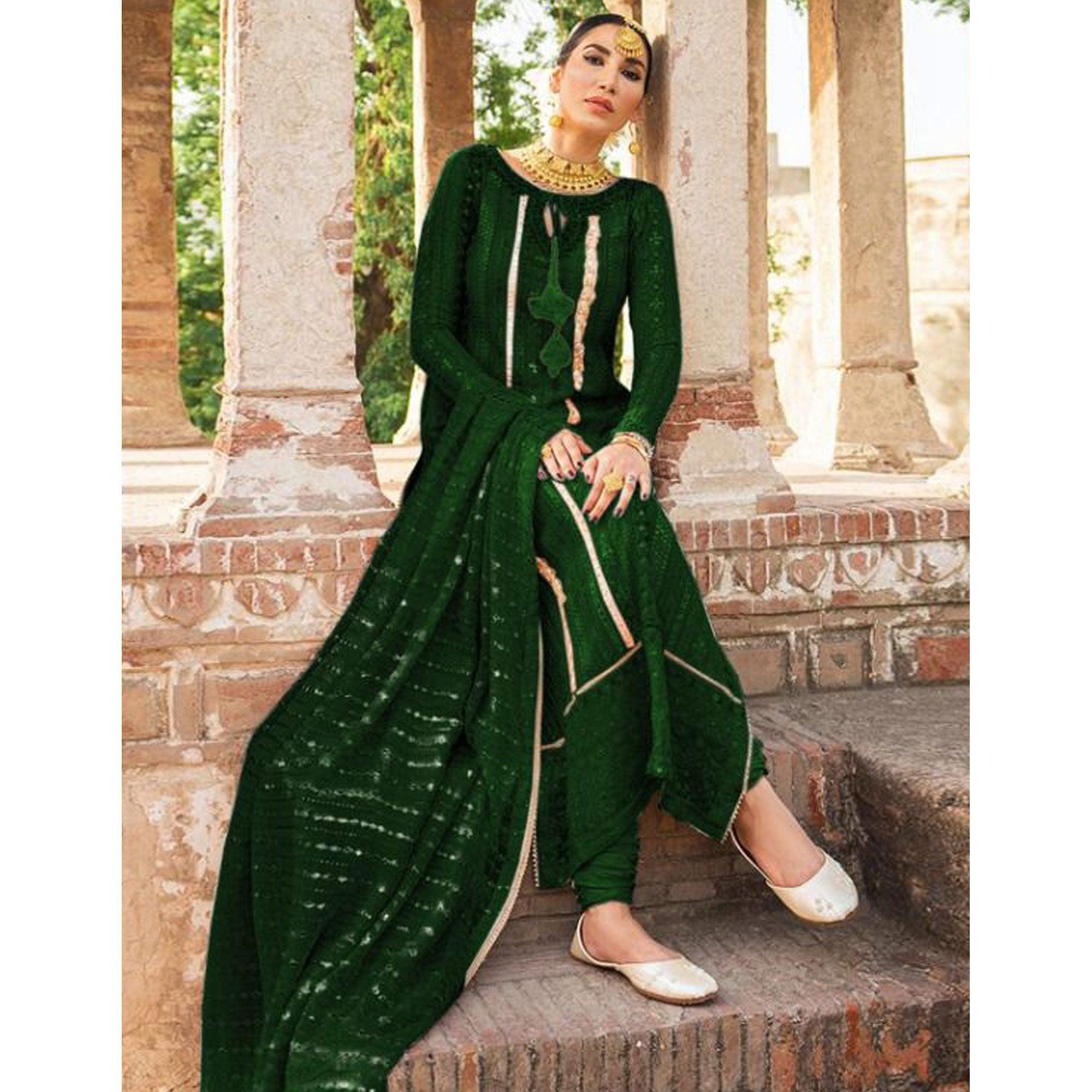 Green Partywear Embellished & Embroidered Georgette Anarkali Suit - Peachmode