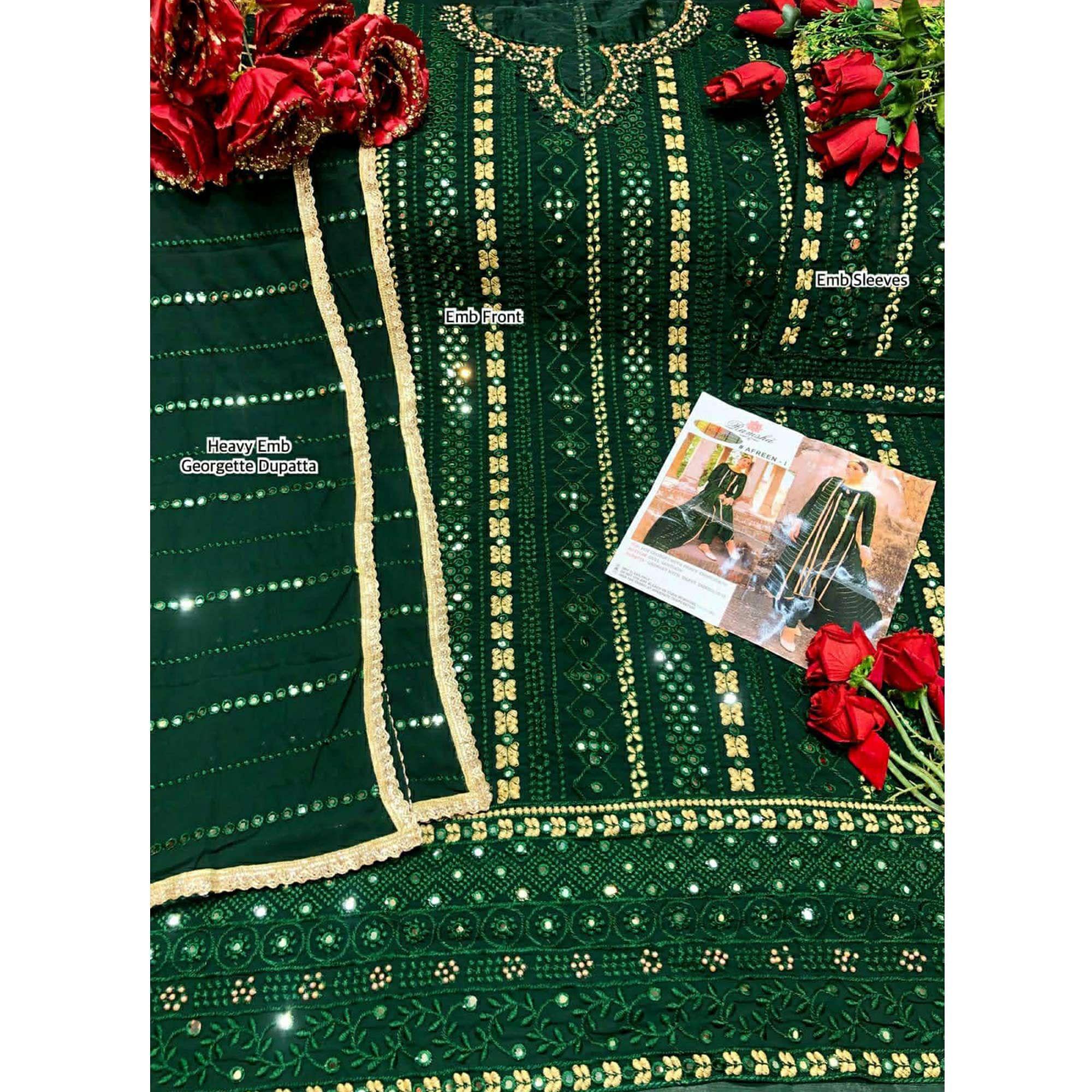 Green Partywear Embellished & Embroidered Georgette Anarkali Suit - Peachmode