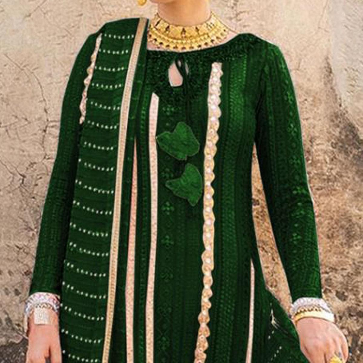 Green Partywear Embellished & Embroidered Georgette Anarkali Suit - Peachmode