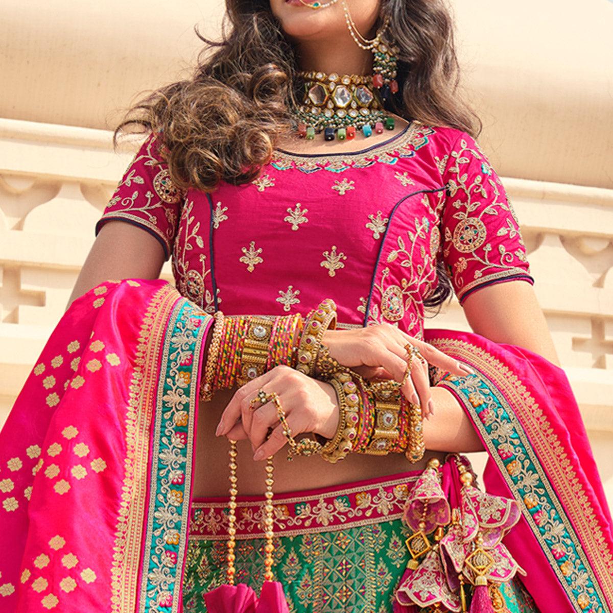 Green Partywear Embellished Embroidered Banarasi Silk Lehenga - Peachmode