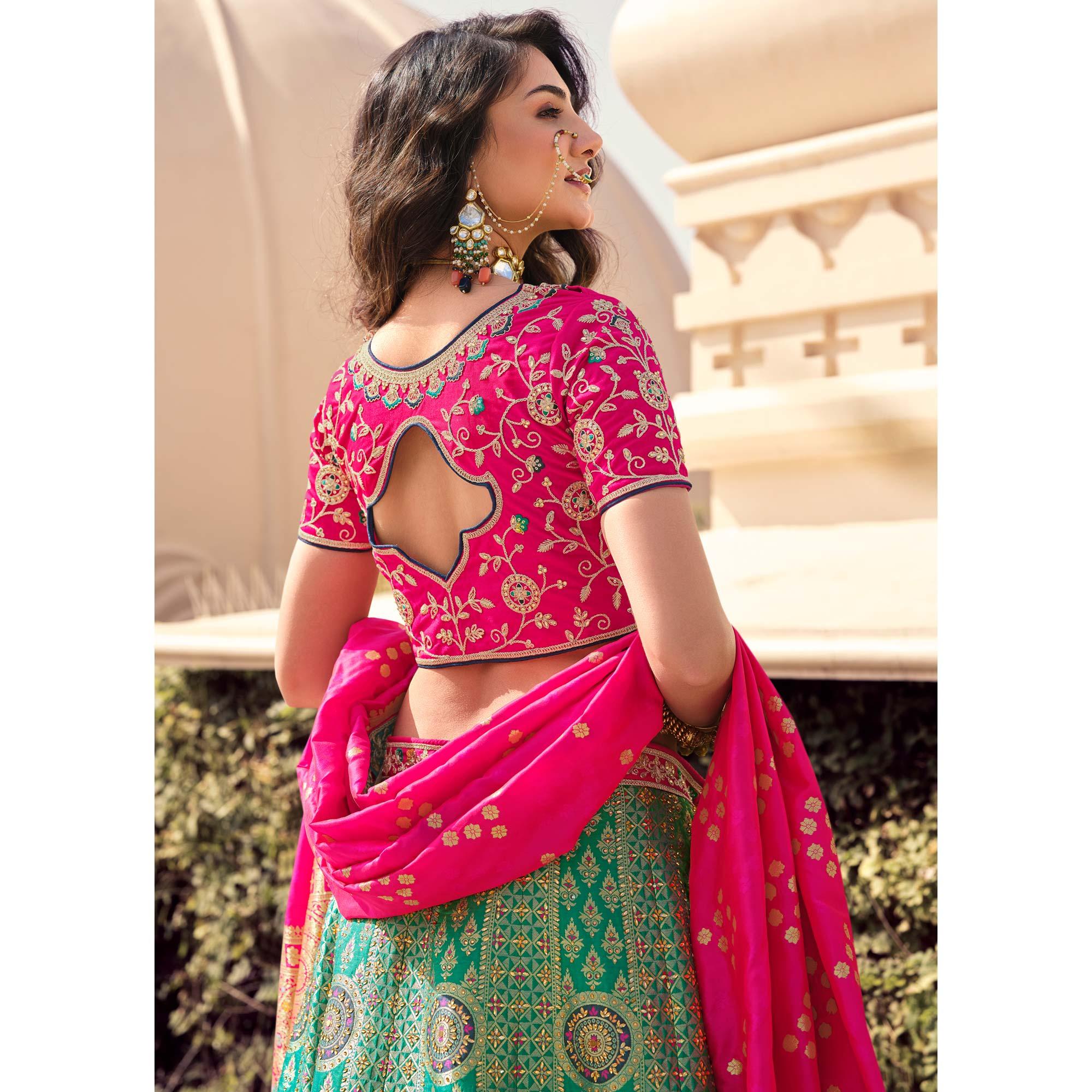Green Partywear Embellished Embroidered Banarasi Silk Lehenga - Peachmode