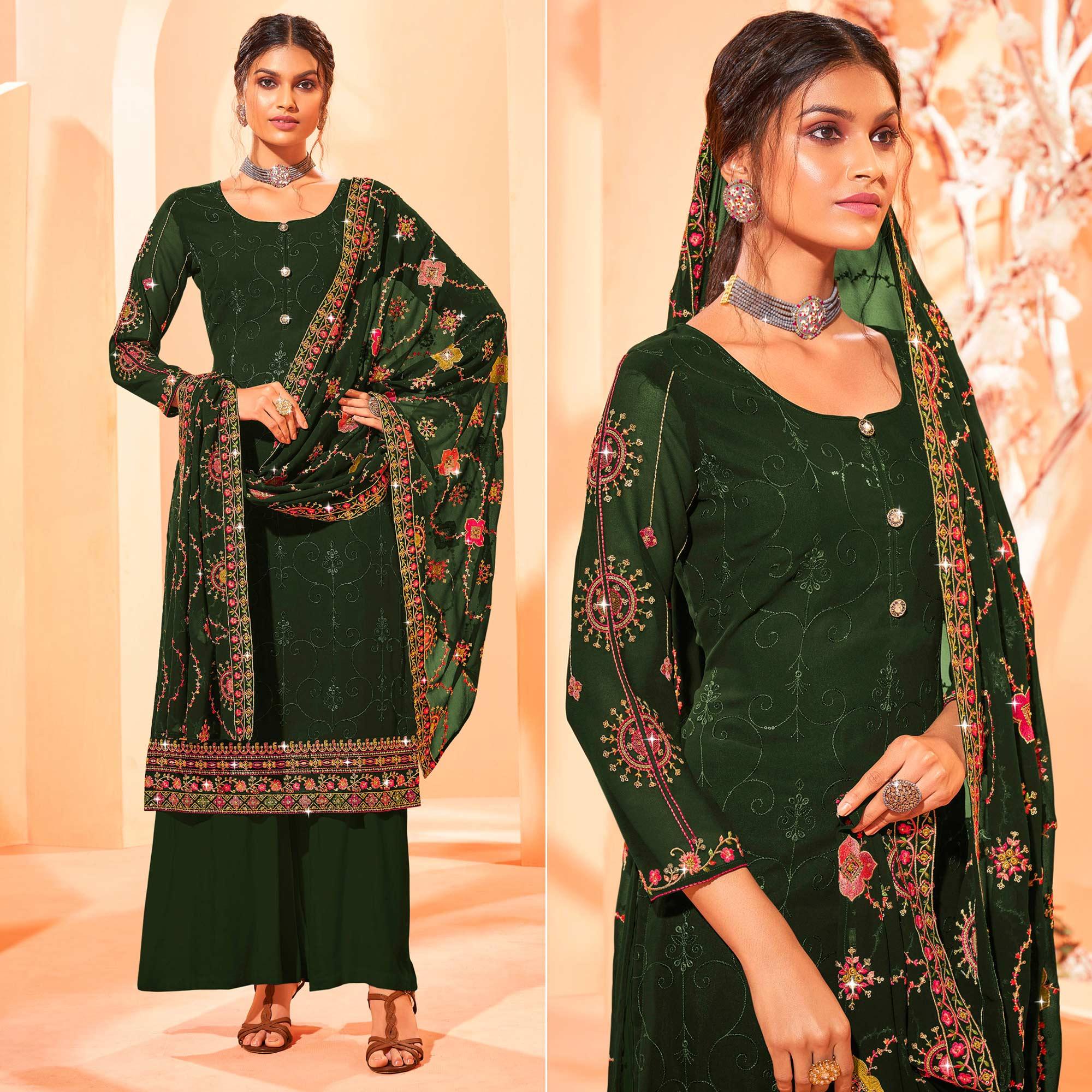 Green Partywear Embellished With Embroidered Georgette Palazzo Suit - Peachmode