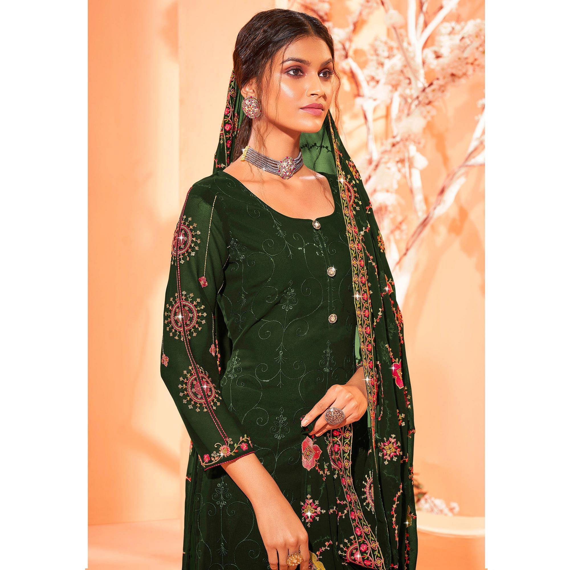 Green Partywear Embellished With Embroidered Georgette Palazzo Suit - Peachmode