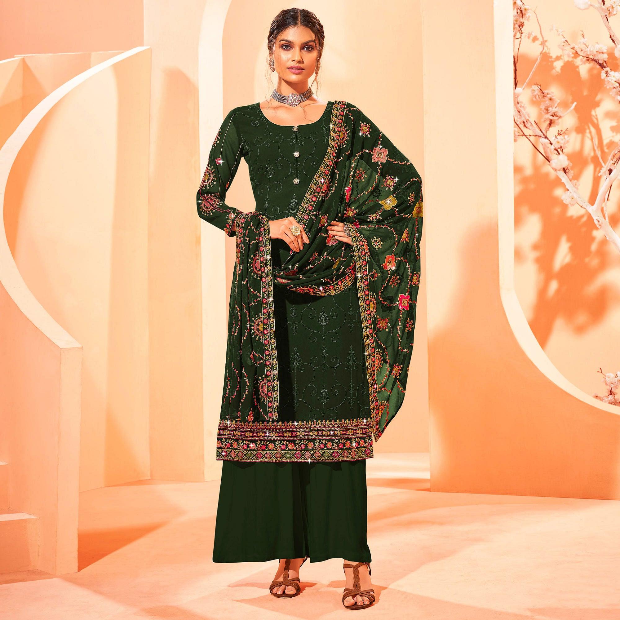 Green Partywear Embellished With Embroidered Georgette Palazzo Suit - Peachmode