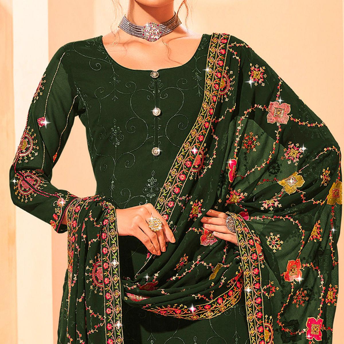 Green Partywear Embellished With Embroidered Georgette Palazzo Suit - Peachmode
