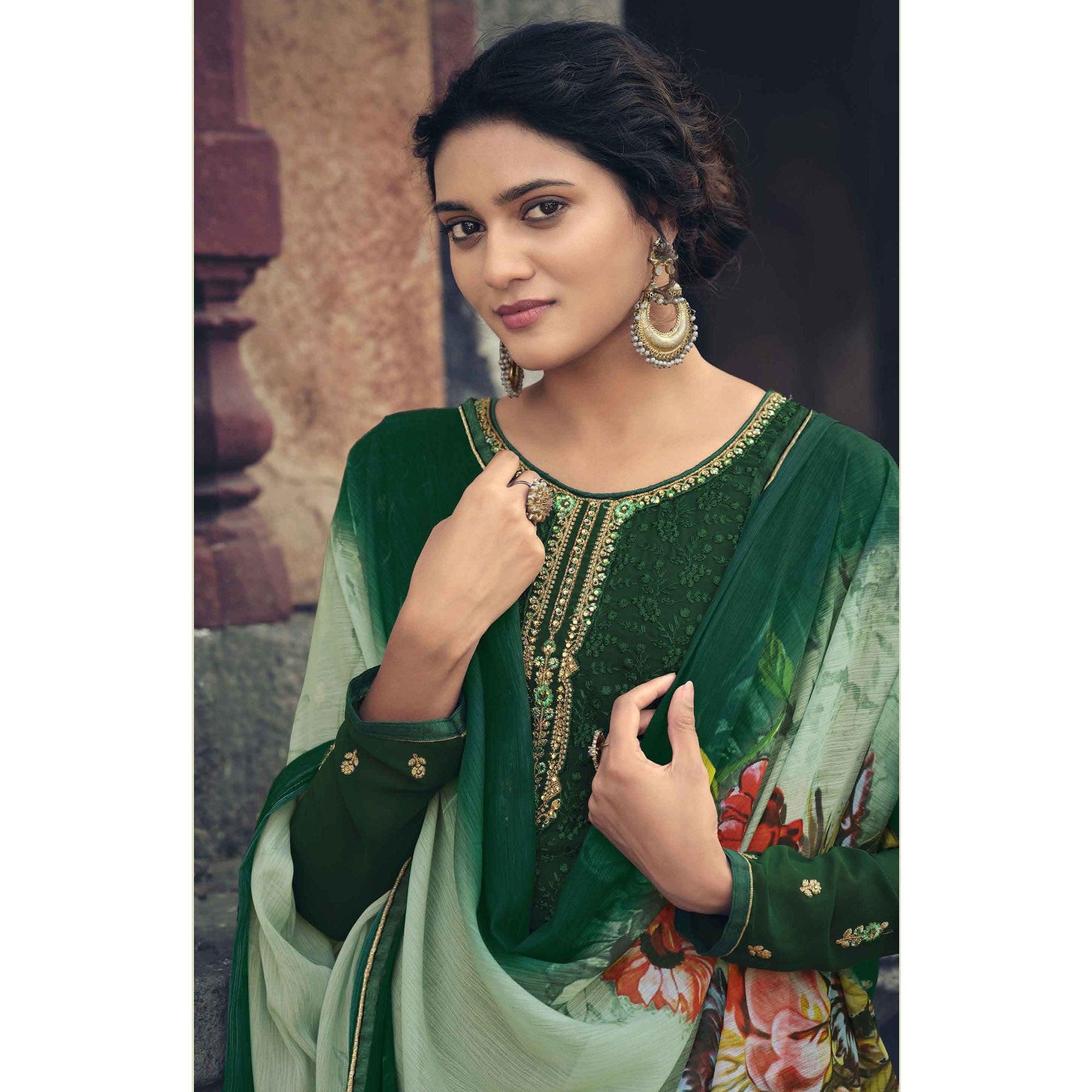 Green Partywear Embroidered & Embellished Faux Georgette Salwar Suit - Peachmode