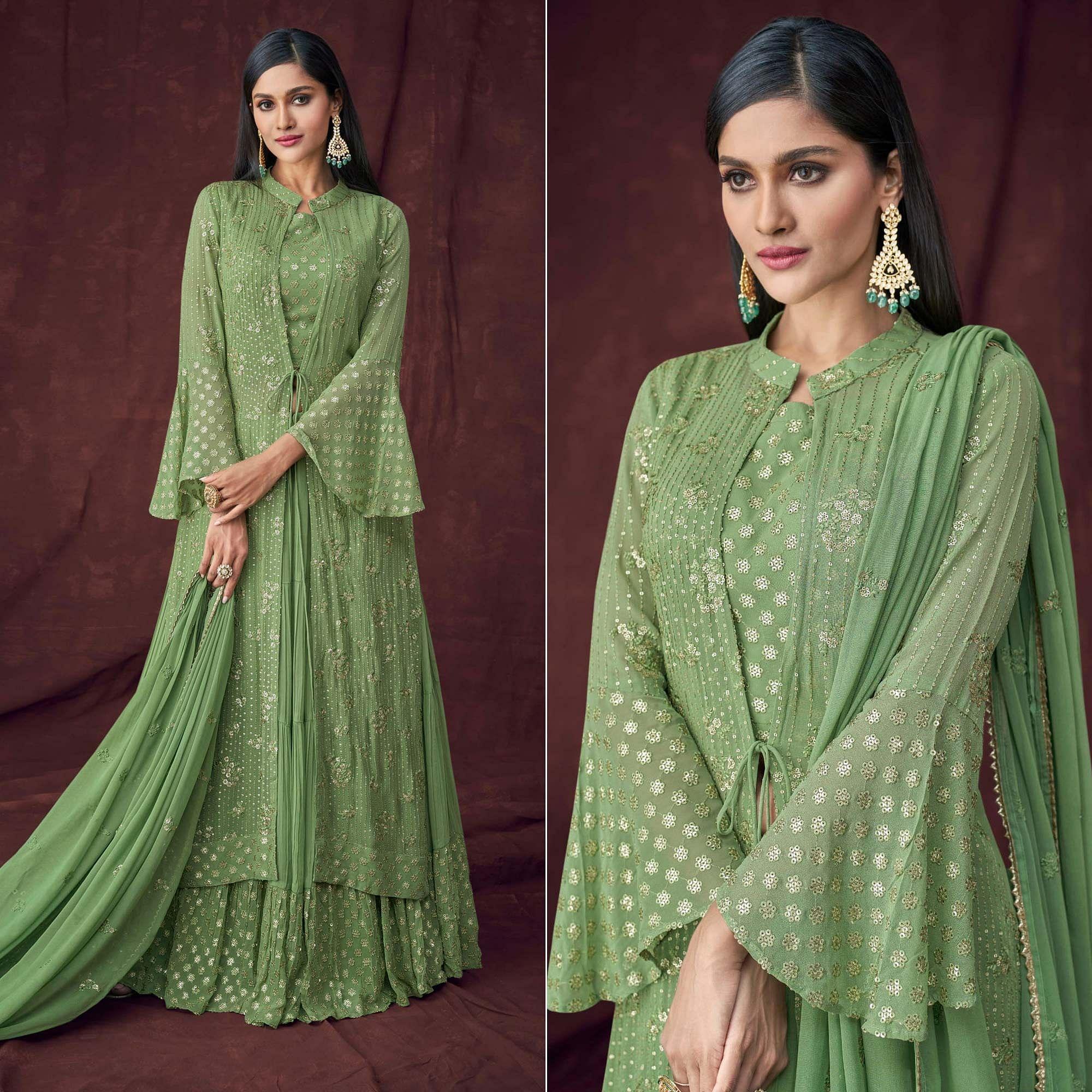 Green Partywear Embroidered & Embellished Georgette Lehenga Choli With Jacket - Peachmode