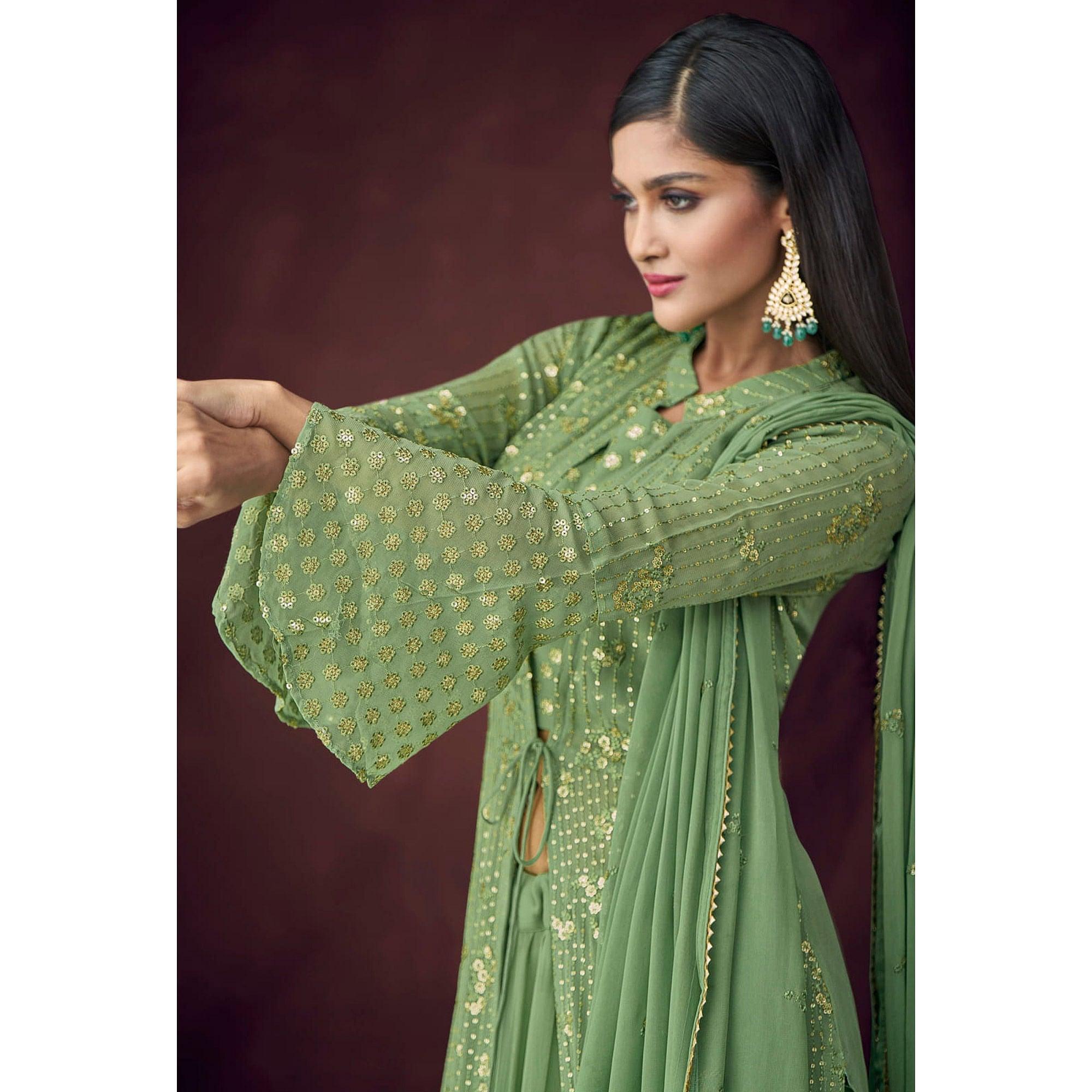 Green Partywear Embroidered & Embellished Georgette Lehenga Choli With Jacket - Peachmode