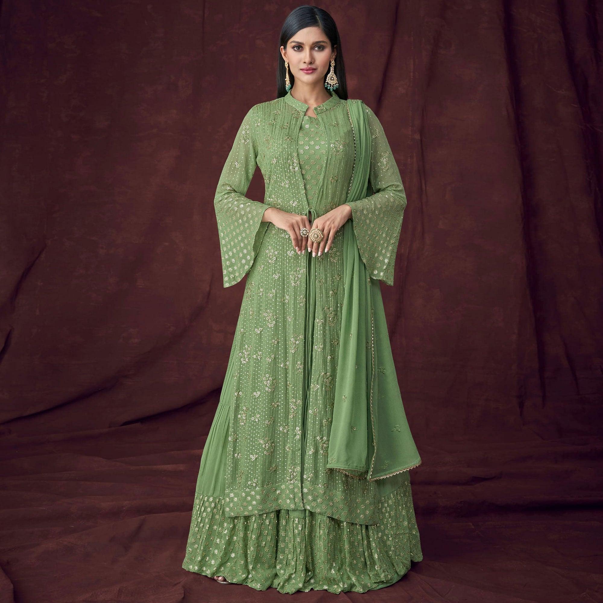 Green Partywear Embroidered & Embellished Georgette Lehenga Choli With Jacket - Peachmode