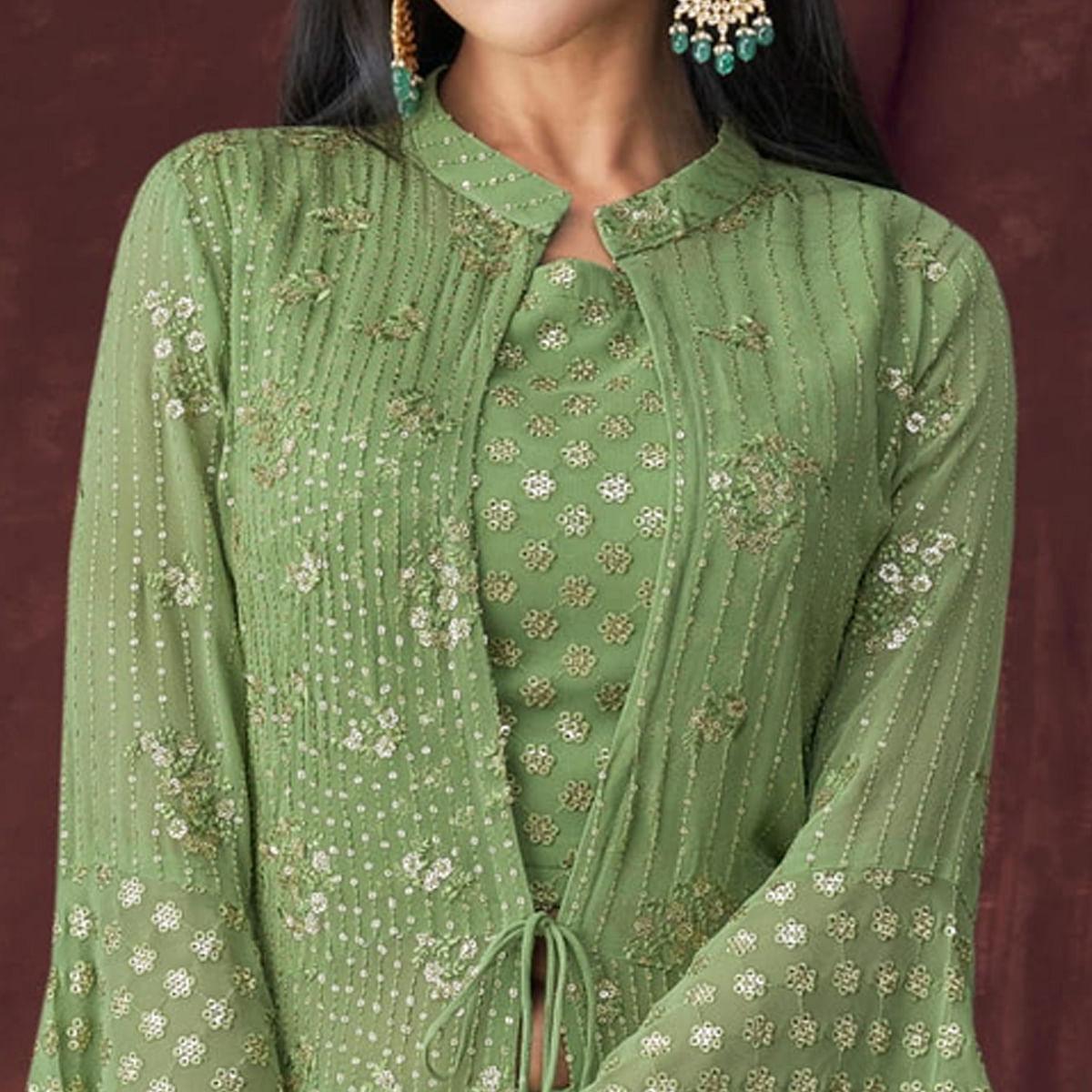 Green Partywear Embroidered & Embellished Georgette Lehenga Choli With Jacket - Peachmode