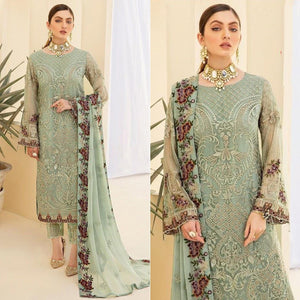 Green Partywear Embroidered & Embellished Georgette Pakistani Suit - Peachmode
