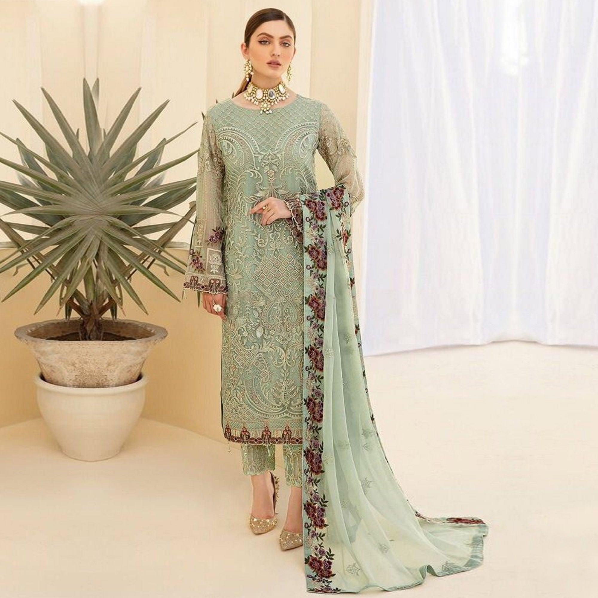 Green Partywear Embroidered & Embellished Georgette Pakistani Suit - Peachmode