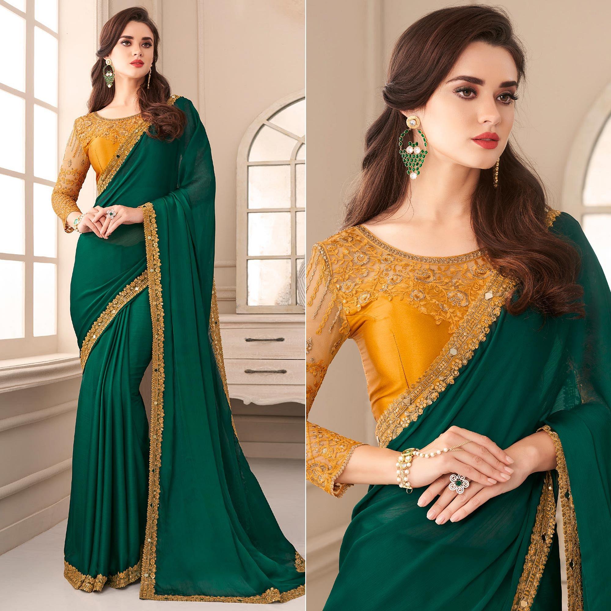Green Partywear Embroidered & Embellished Satin Saree - Peachmode