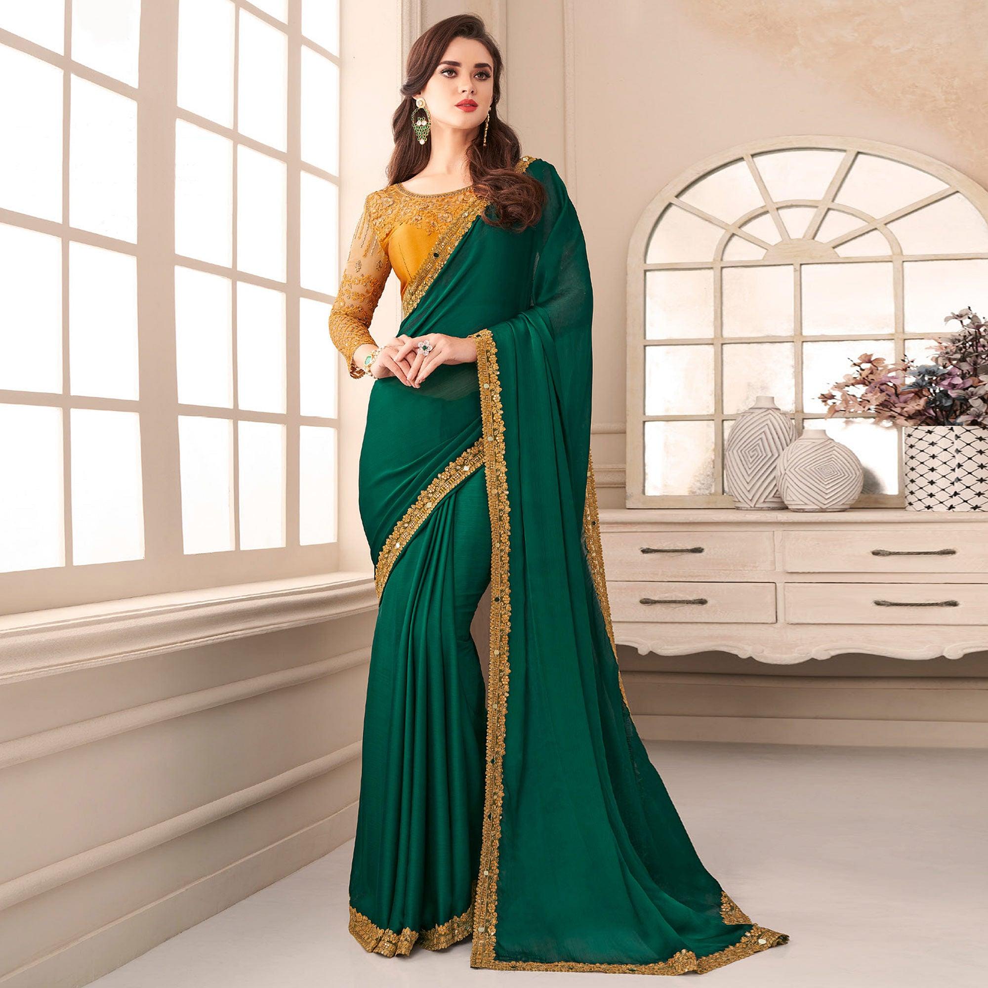 Green Partywear Embroidered & Embellished Satin Saree - Peachmode
