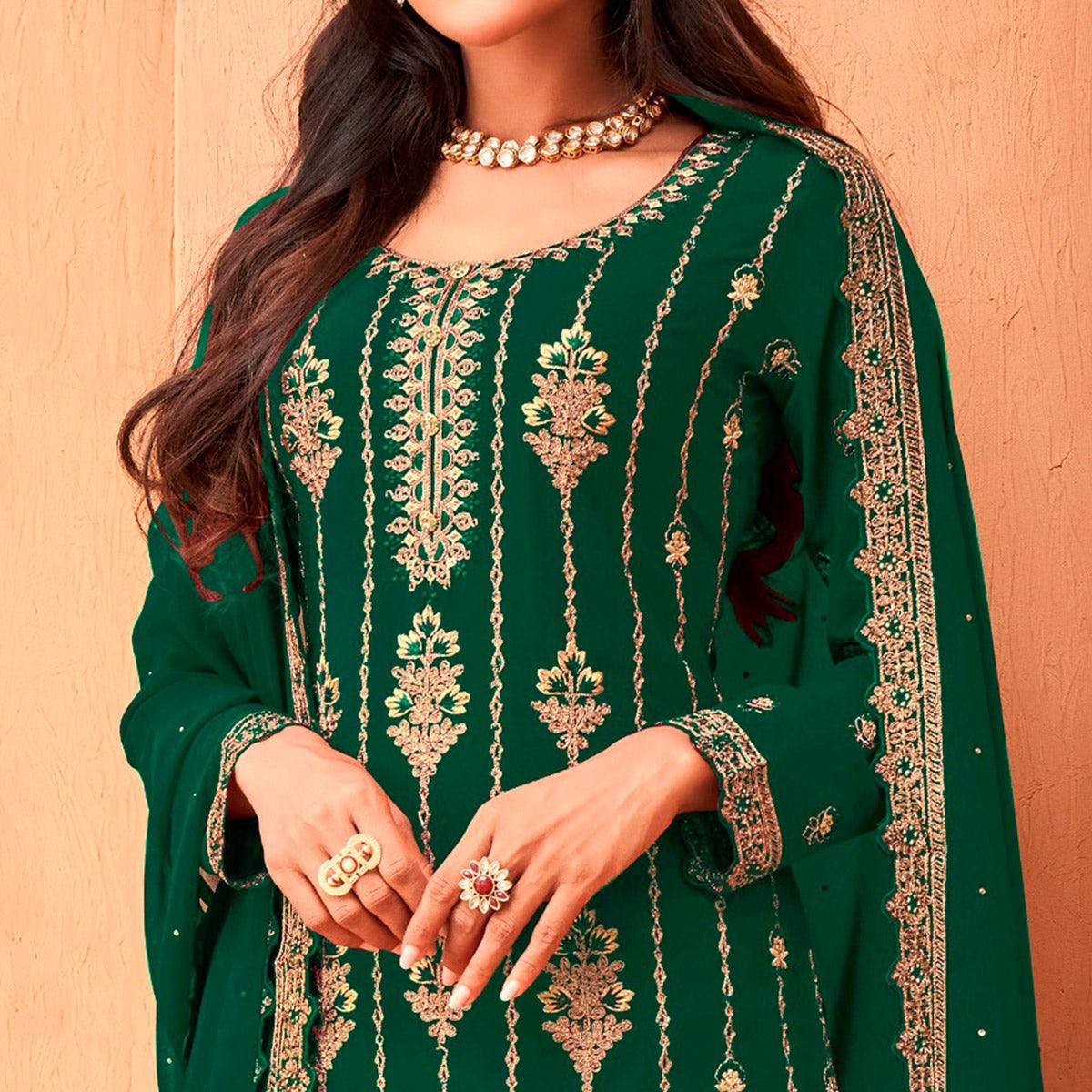 Green Partywear Embroidered & Sequence Work Faux Georgette Salwar Suit - Peachmode