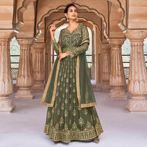 Green Partywear Embroidered & Swarovski Work Soft Net Gown - Peachmode