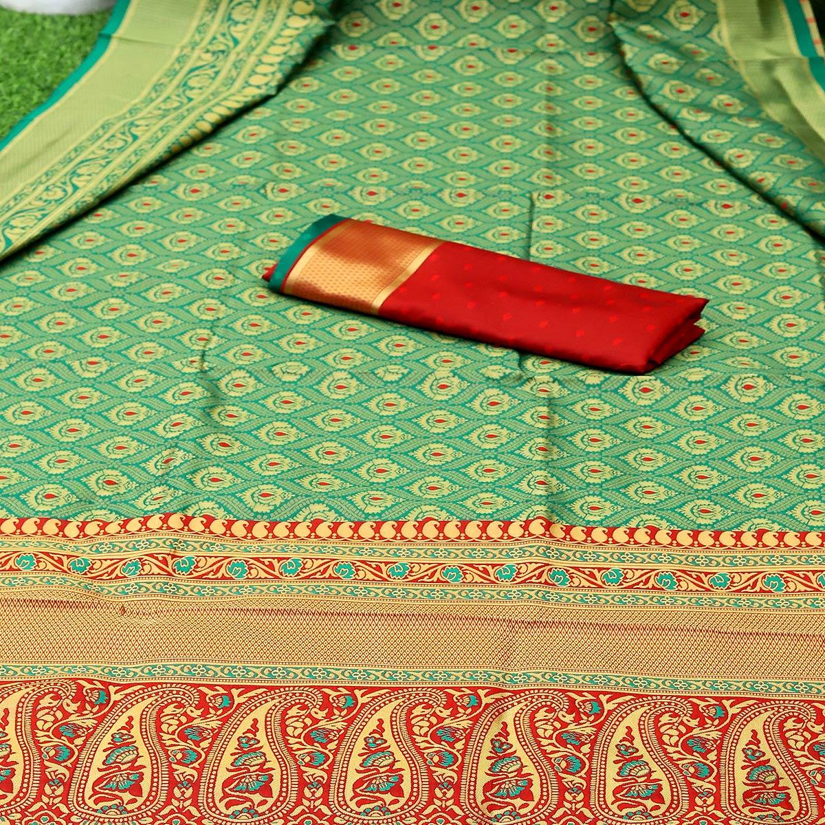 Green Partywear Embroidered Banarasi Art Silk Saree - Peachmode