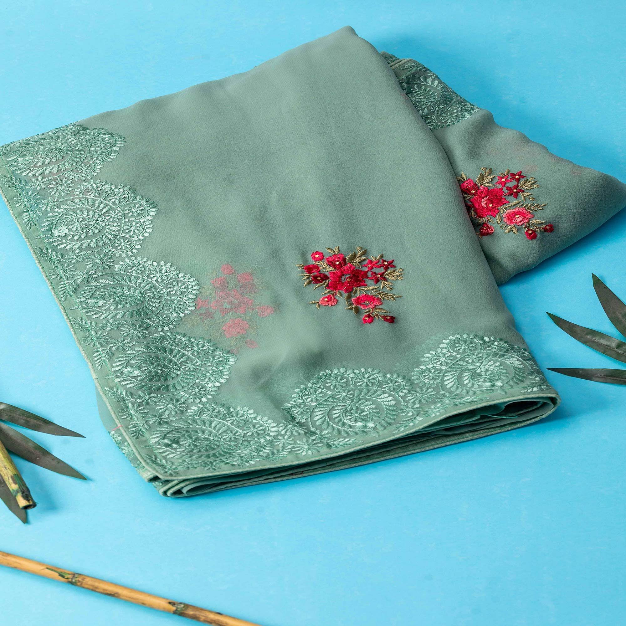 Green Partywear Embroidered Butta Georgette Saree - Peachmode
