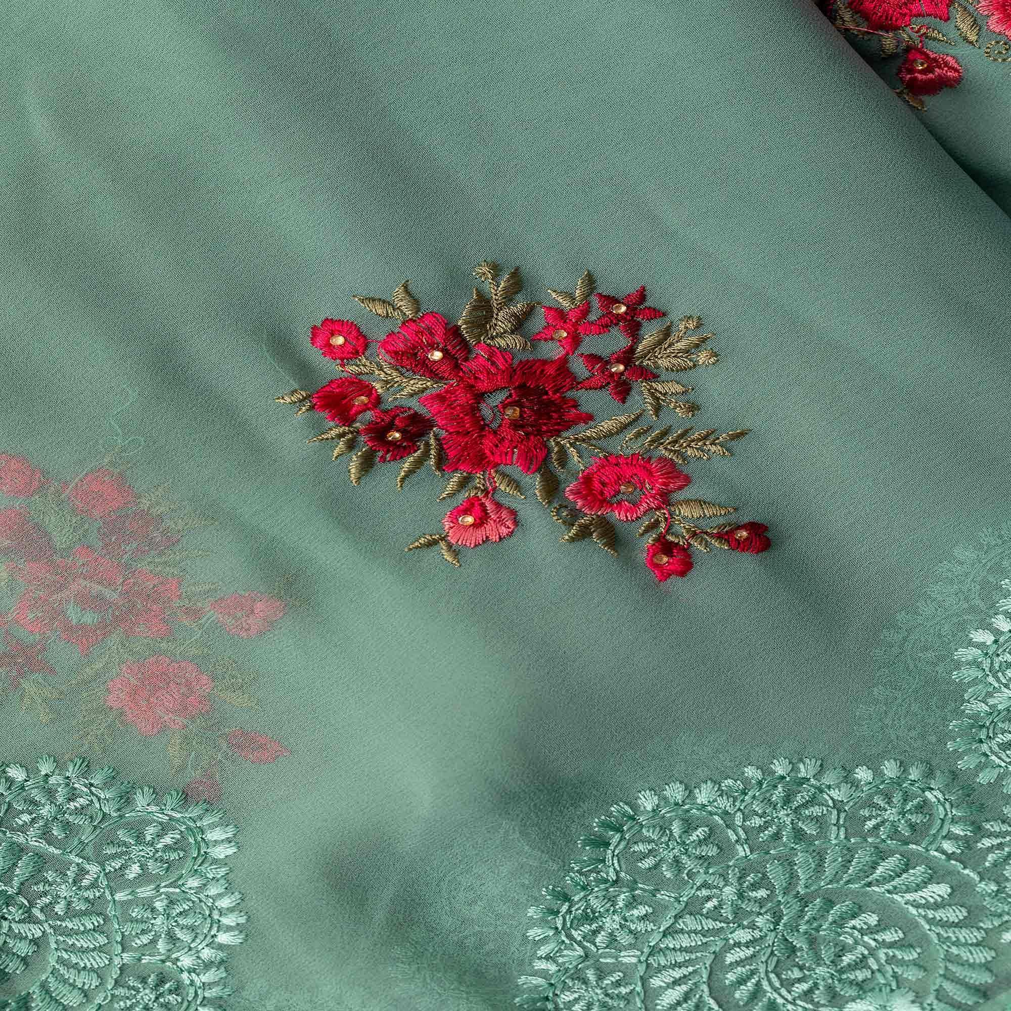 Green Partywear Embroidered Butta Georgette Saree - Peachmode