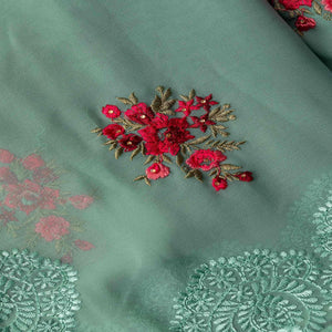 Green Partywear Embroidered Butta Georgette Saree - Peachmode