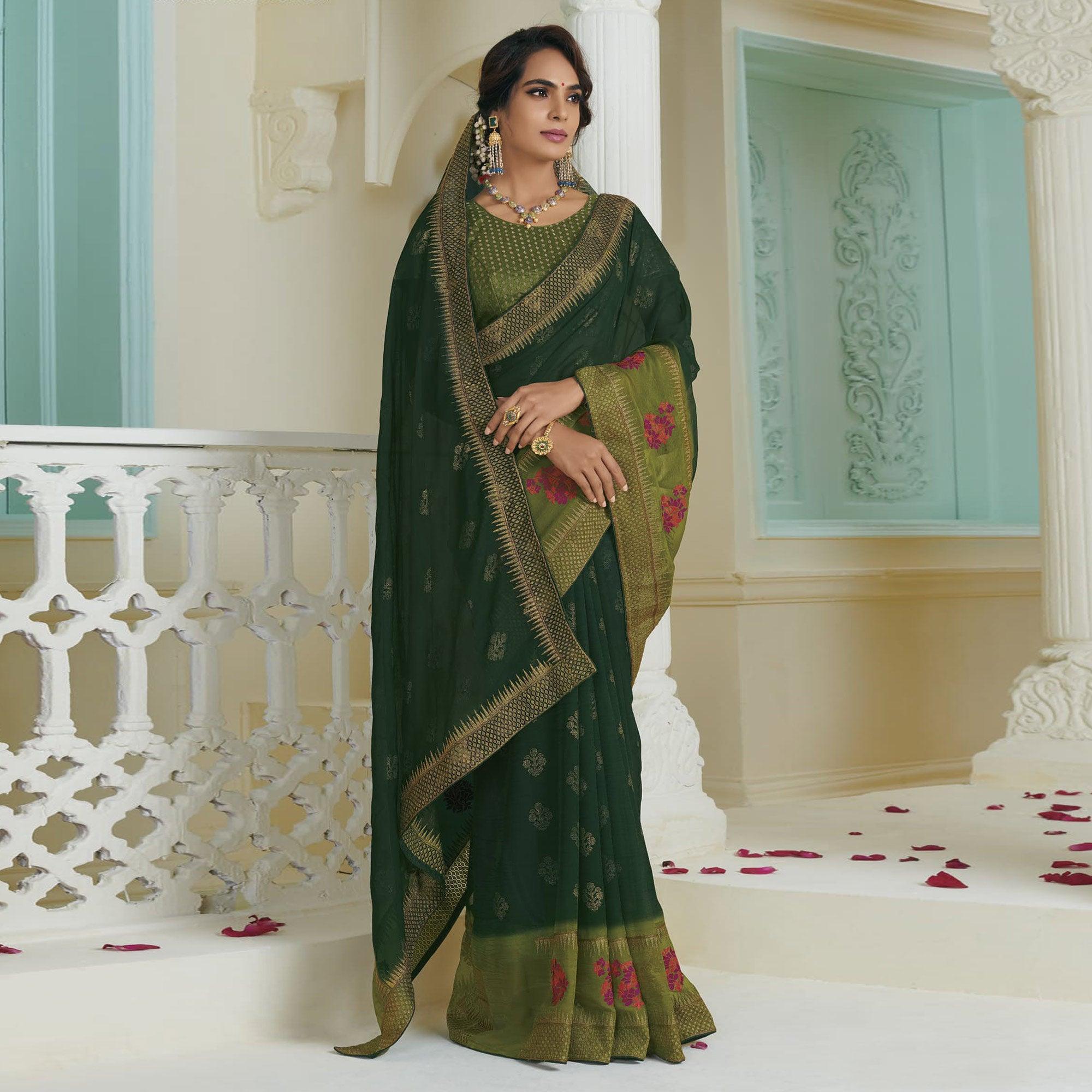 Green Partywear Embroidered Chiffon Saree - Peachmode
