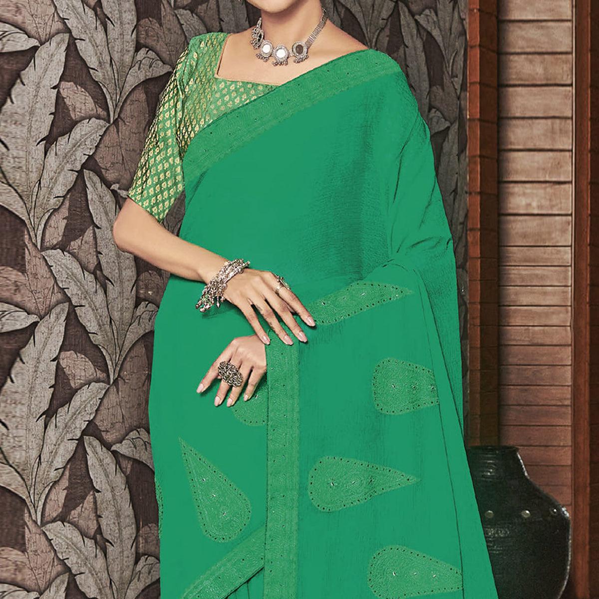 Green Partywear Embroidered Chiffon Saree - Peachmode