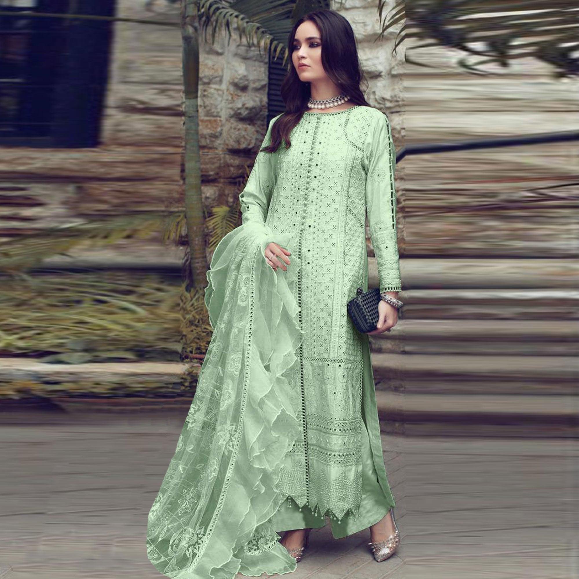 Green Partywear Embroidered Cotton Straight Pakistani Suit - Peachmode
