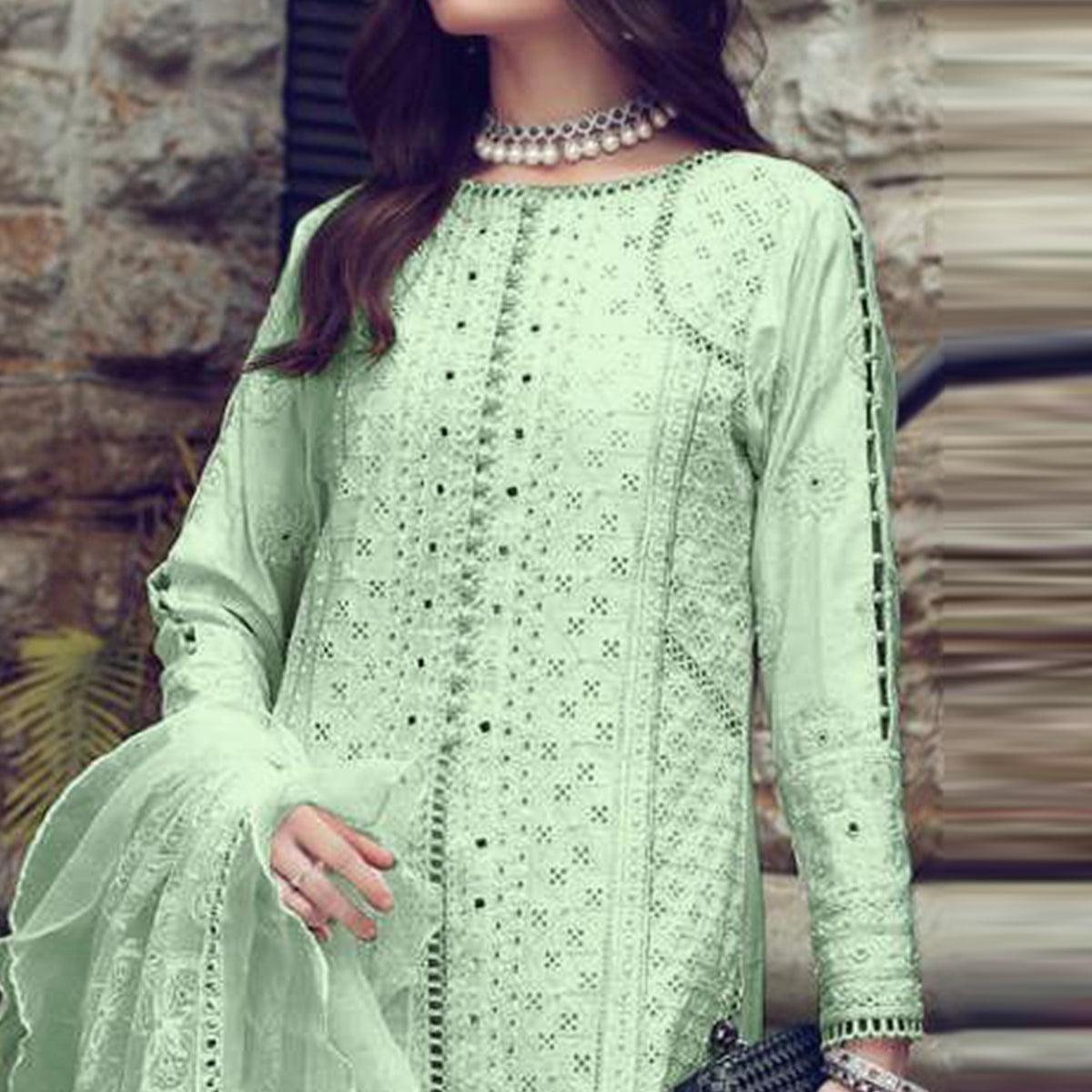 Green Partywear Embroidered Cotton Straight Pakistani Suit - Peachmode