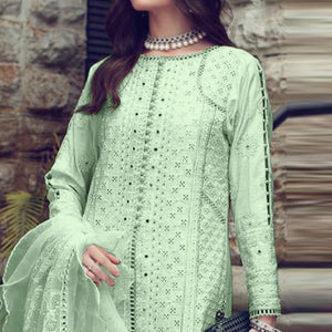 Green Partywear Embroidered Cotton Straight Pakistani Suit - Peachmode