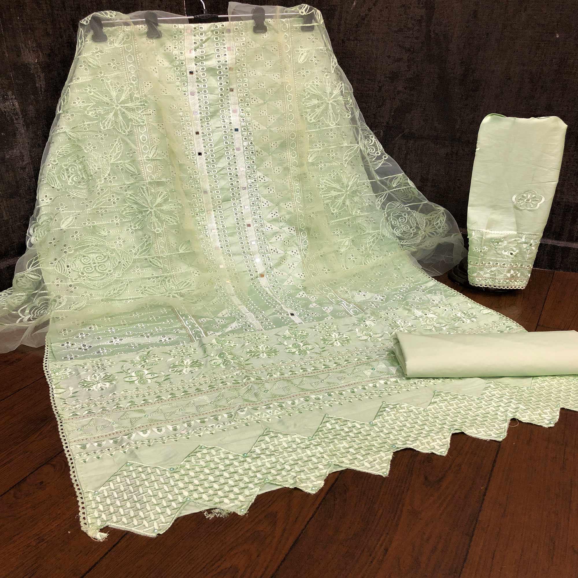 Green Partywear Embroidered Cotton Straight Pakistani Suit - Peachmode