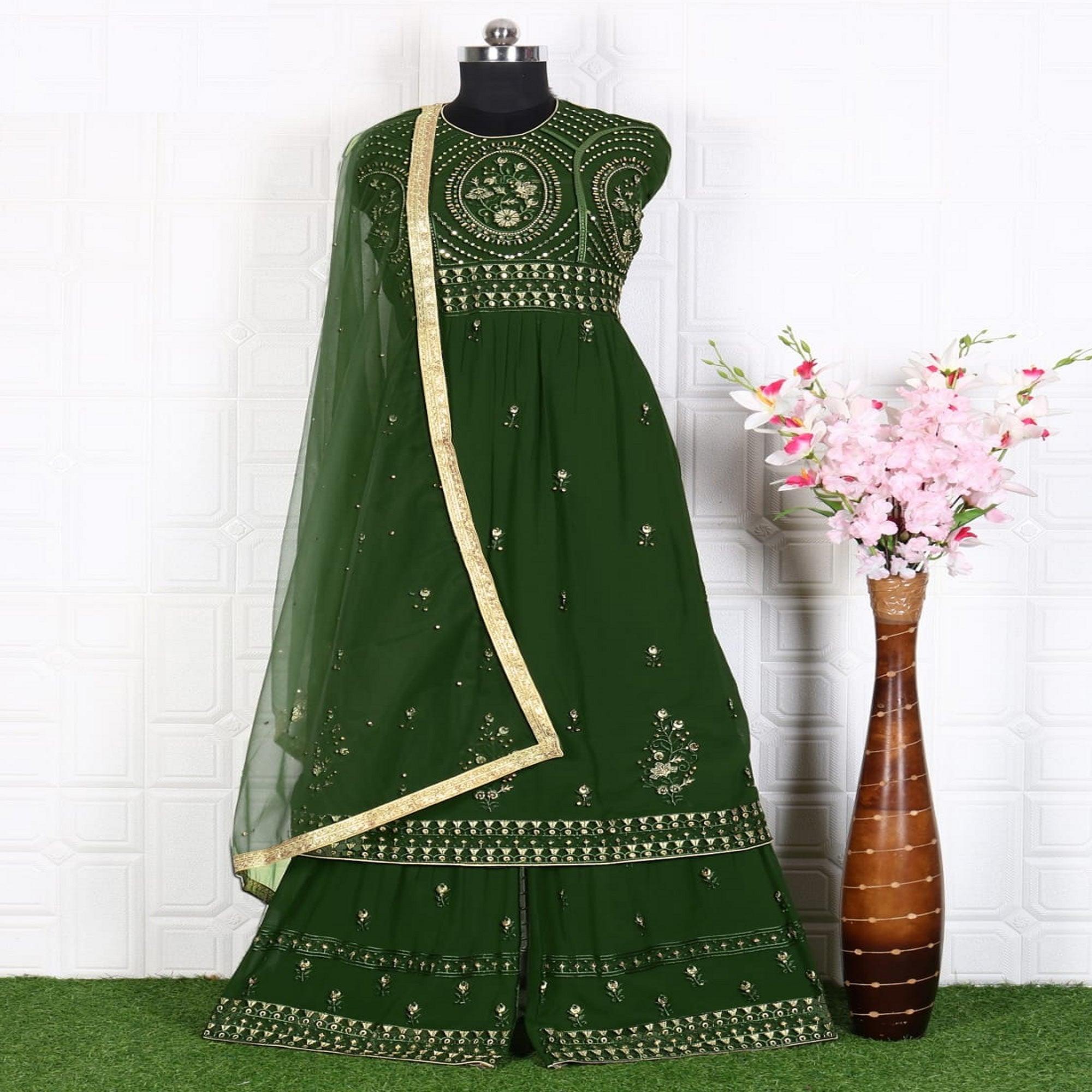 Green Partywear Embroidered Faux Georgette Salwar Suit - Peachmode