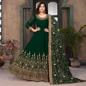 Green Partywear Embroidered Georgette Anarkali Suit - Peachmode