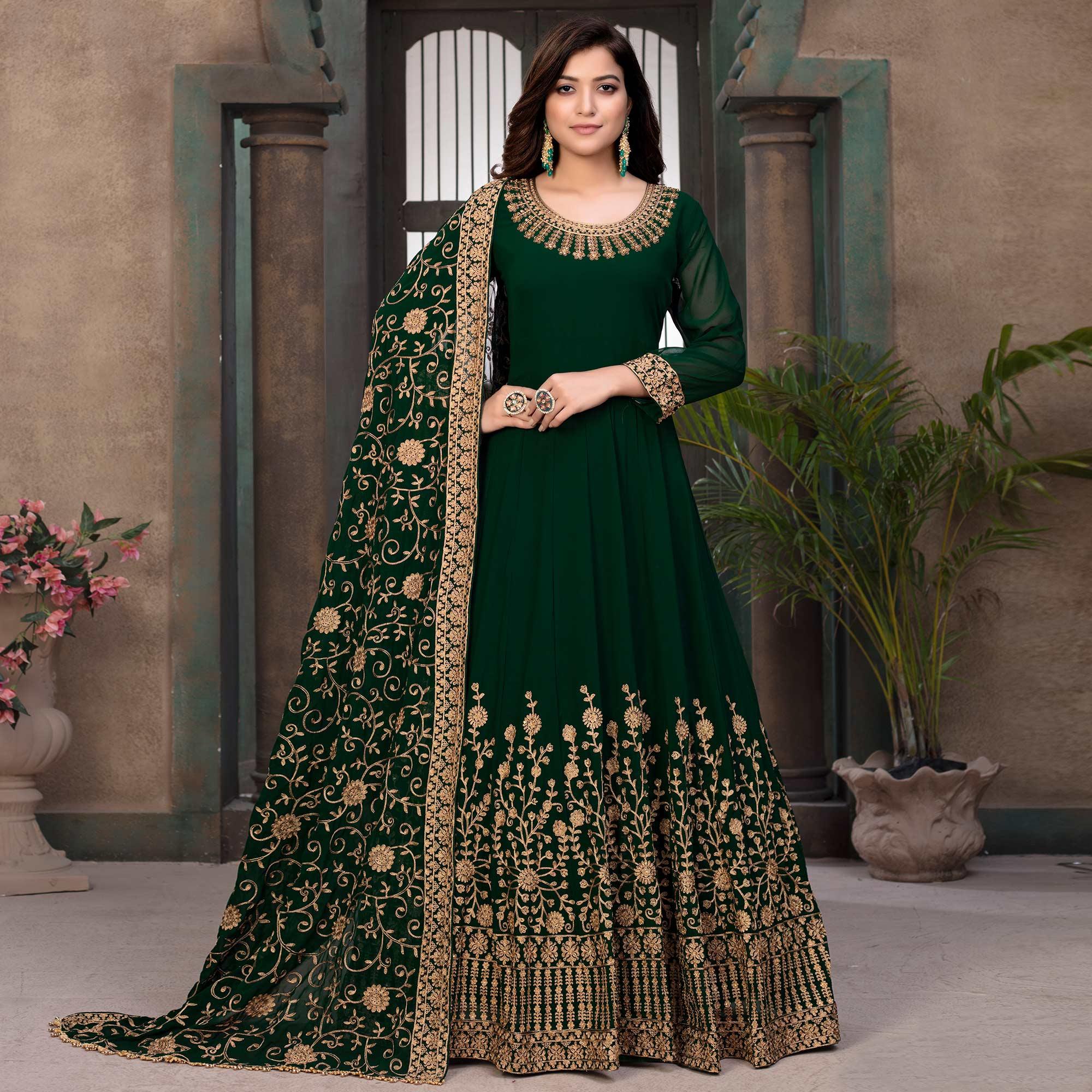 Green Partywear Embroidered Georgette Anarkali Suit - Peachmode
