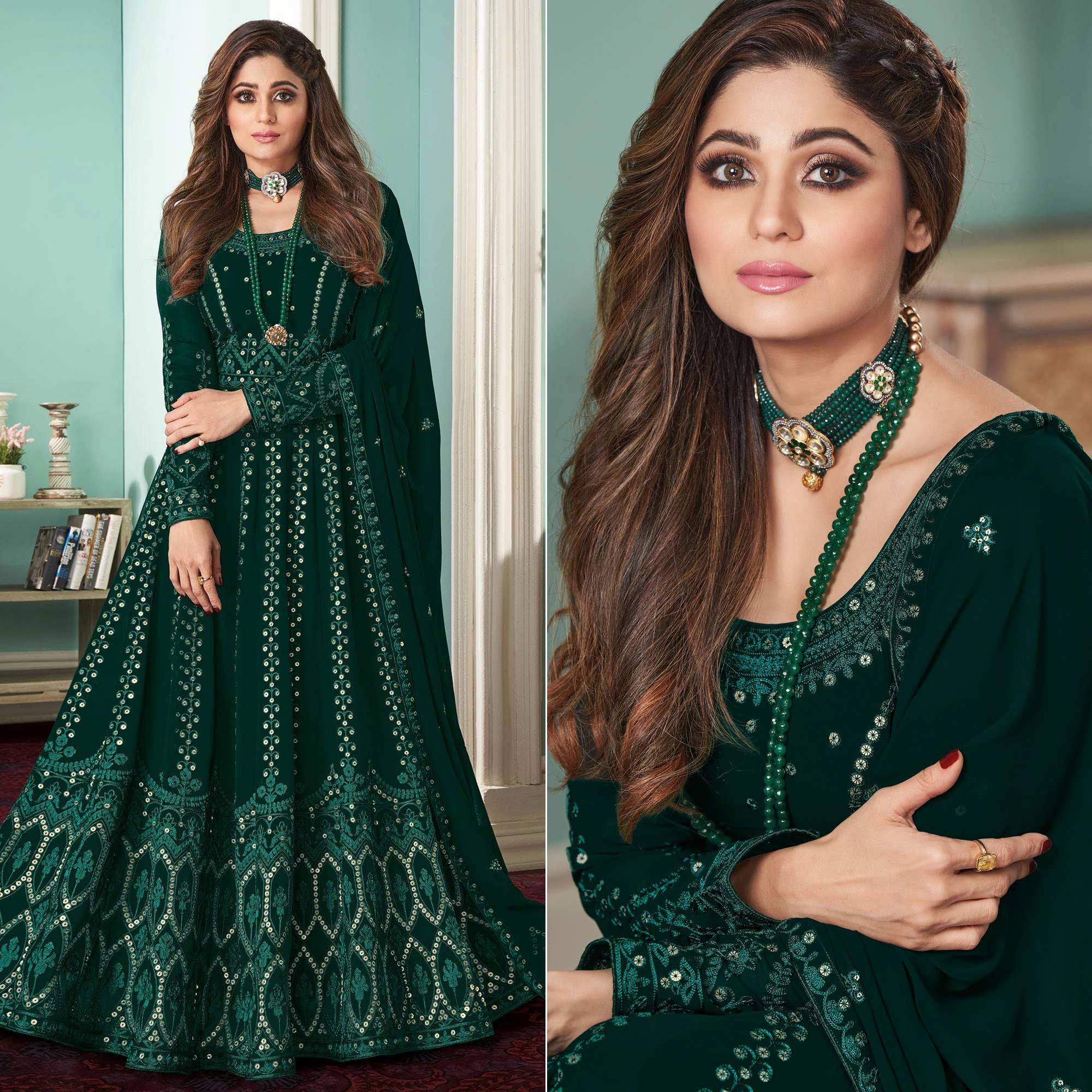 Green Partywear Embroidered Georgette Gown - Peachmode