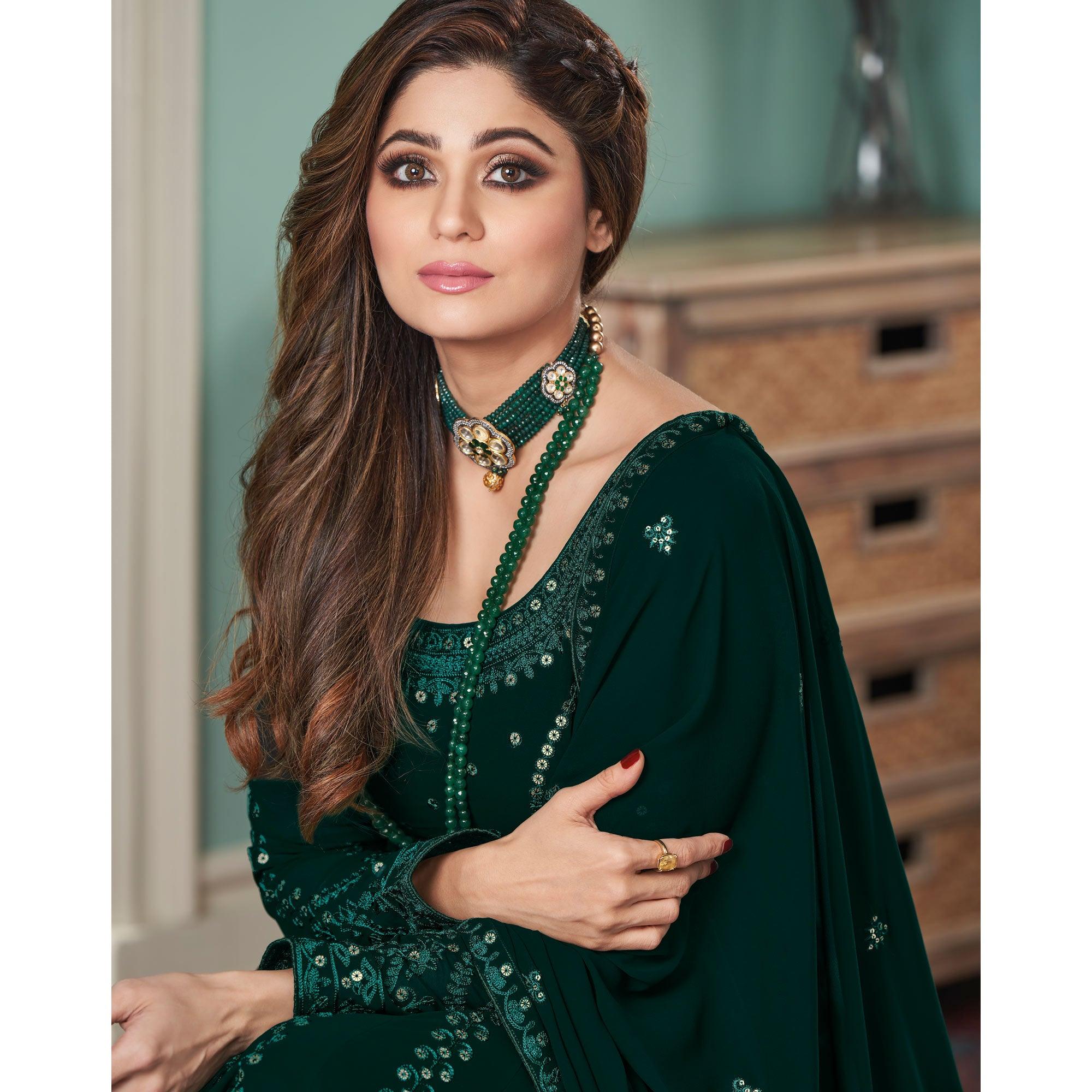 Green Partywear Embroidered Georgette Gown - Peachmode