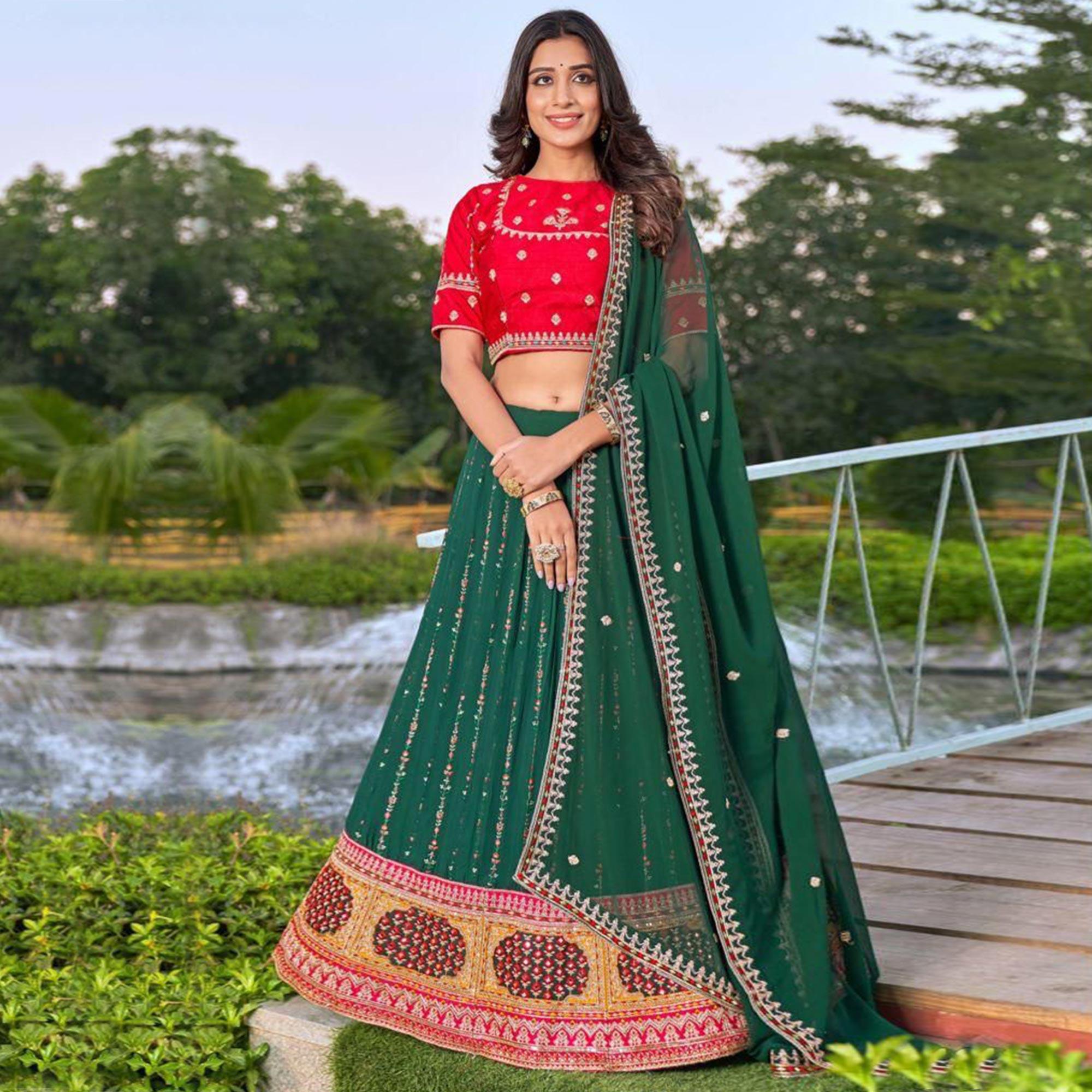 Green Partywear Embroidered Georgette Lehenga Choli - Peachmode