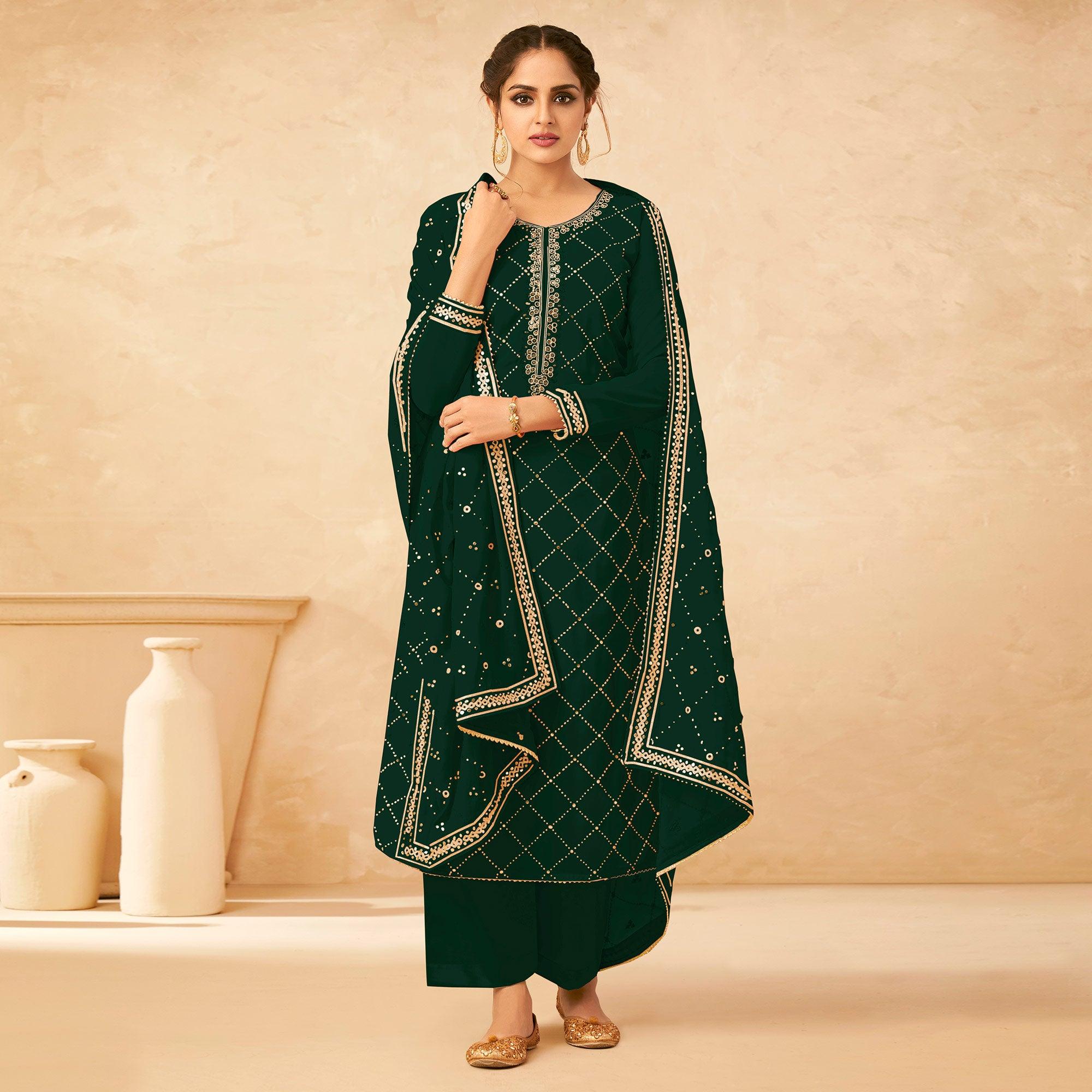 Green Partywear Embroidered Georgette Palazzo Suit - Peachmode