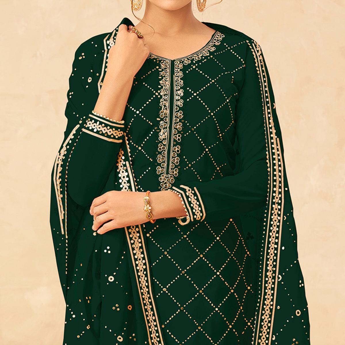 Green Partywear Embroidered Georgette Palazzo Suit - Peachmode
