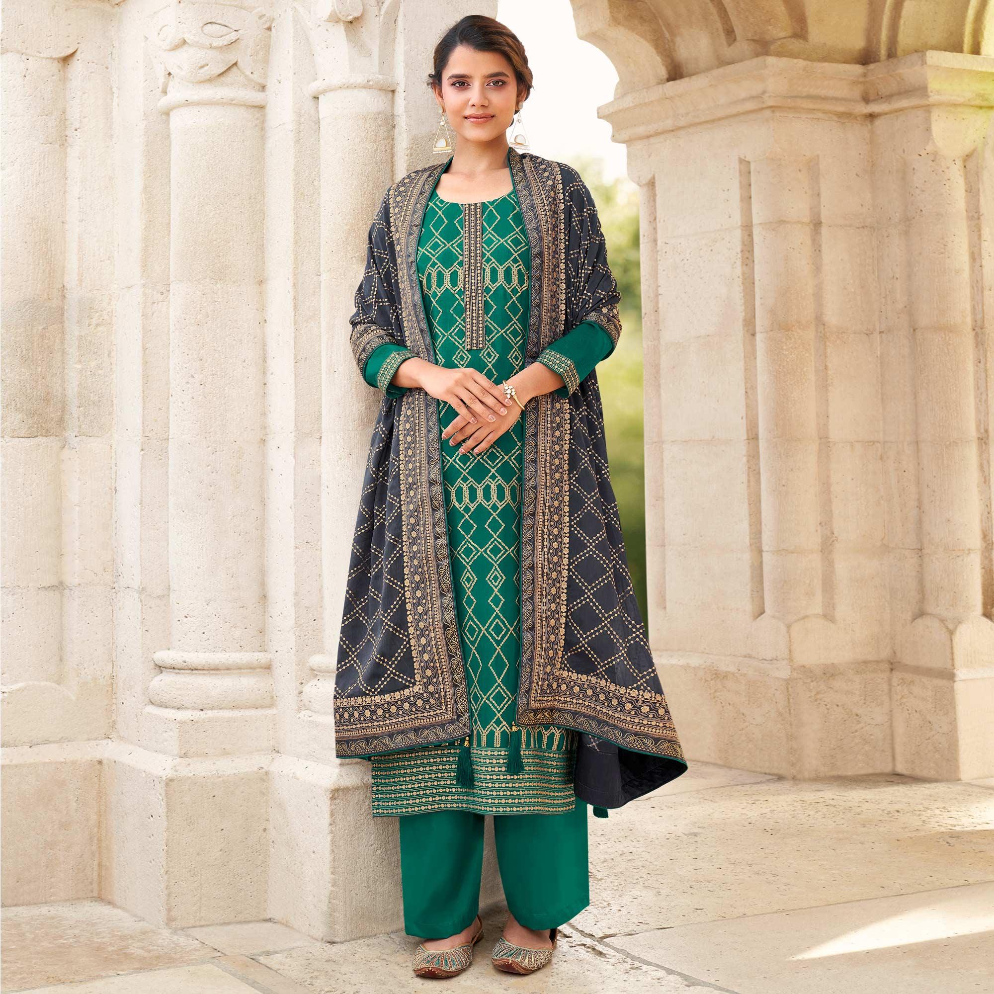 Green Partywear Embroidered Georgette Partywear Suit - Peachmode