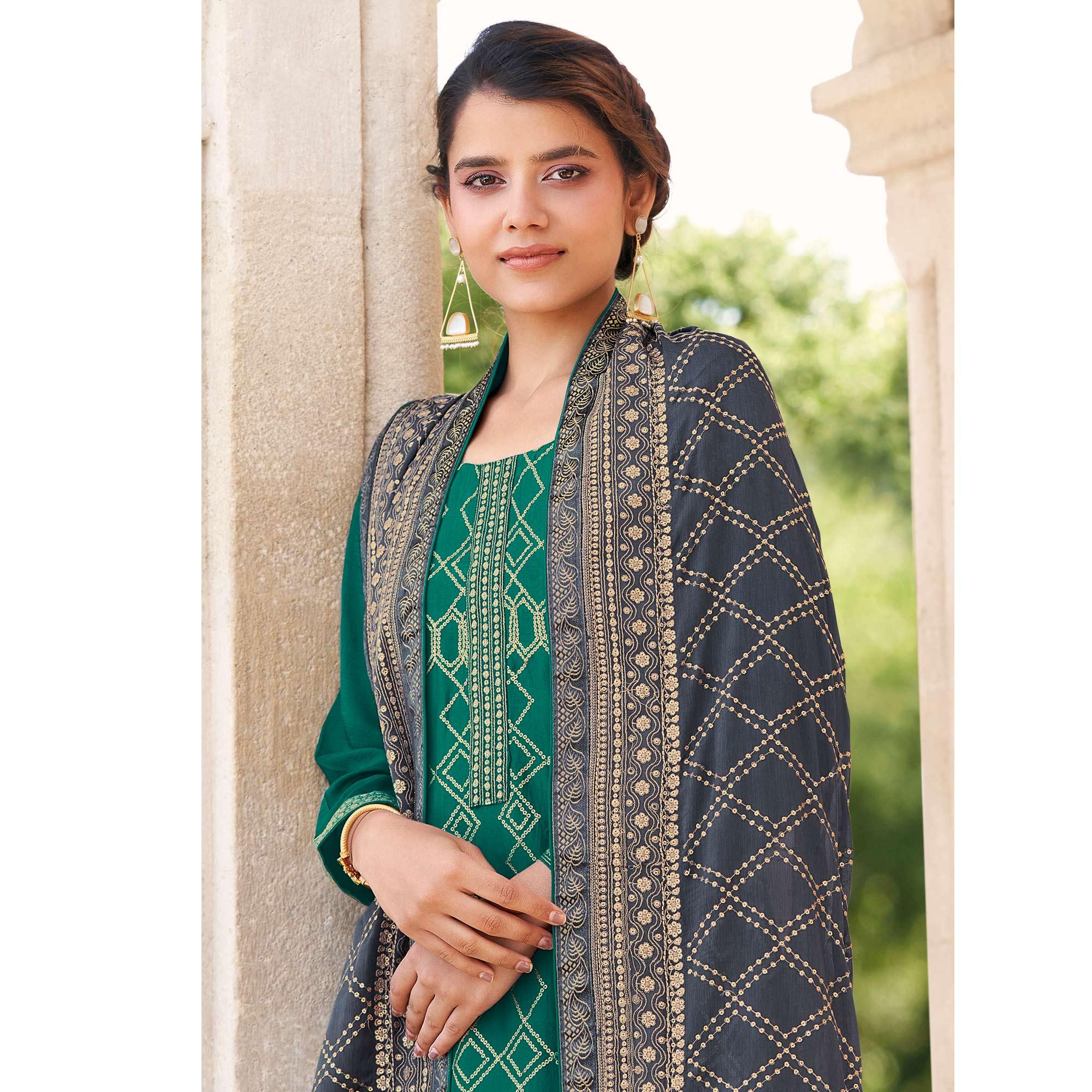 Green Partywear Embroidered Georgette Partywear Suit - Peachmode